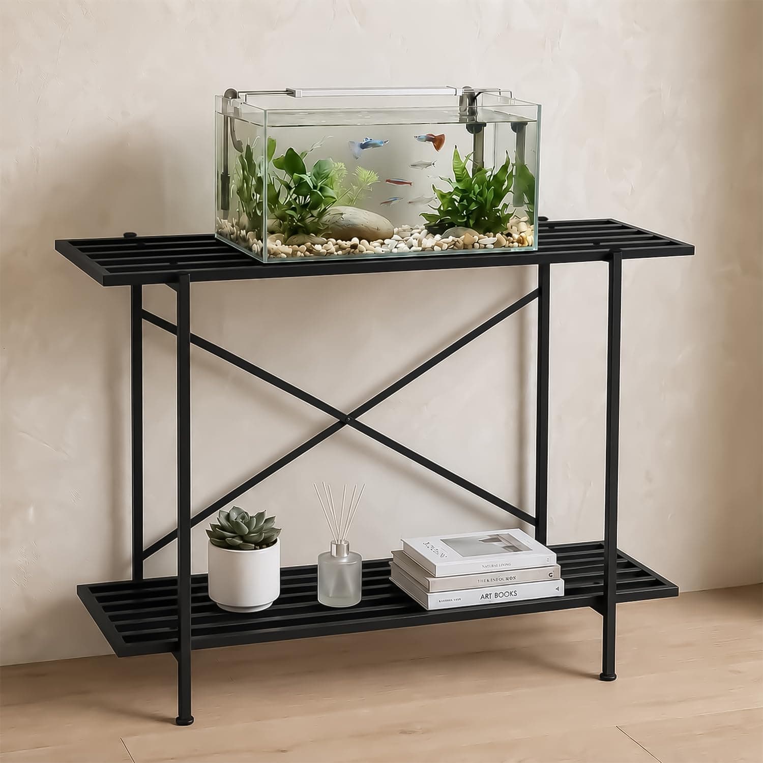 Amazon Basics 2-Tier Fish Tank Stand | Heavy-Duty Metal Aquarium Rack | Adjustable Feet | Multi-Purpose Storage Shelf | Rust-Resistant Powder Coated Finish | Easy Assembly | Black | 88L x 29W x 74H cm