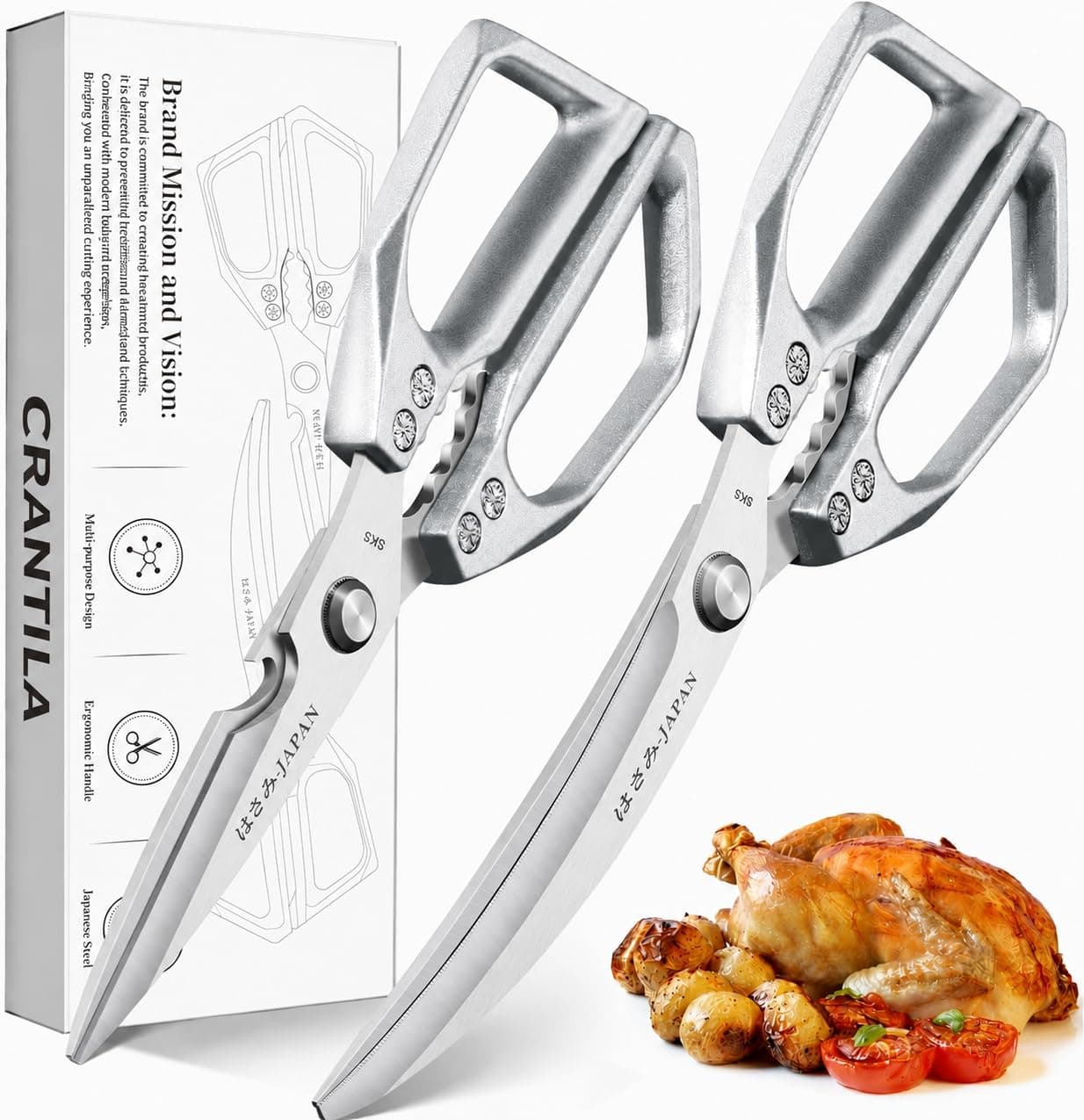 Crentila Kitchen Scissors Set Silver - Stainless Steel Kitchen Shears, Sharp Meat Scissors Set of 2, Japanese Cooking Scissor, for Food Chicken, Poultry, Fish, Meat, Herbs,Vegetables, Bottle Opener