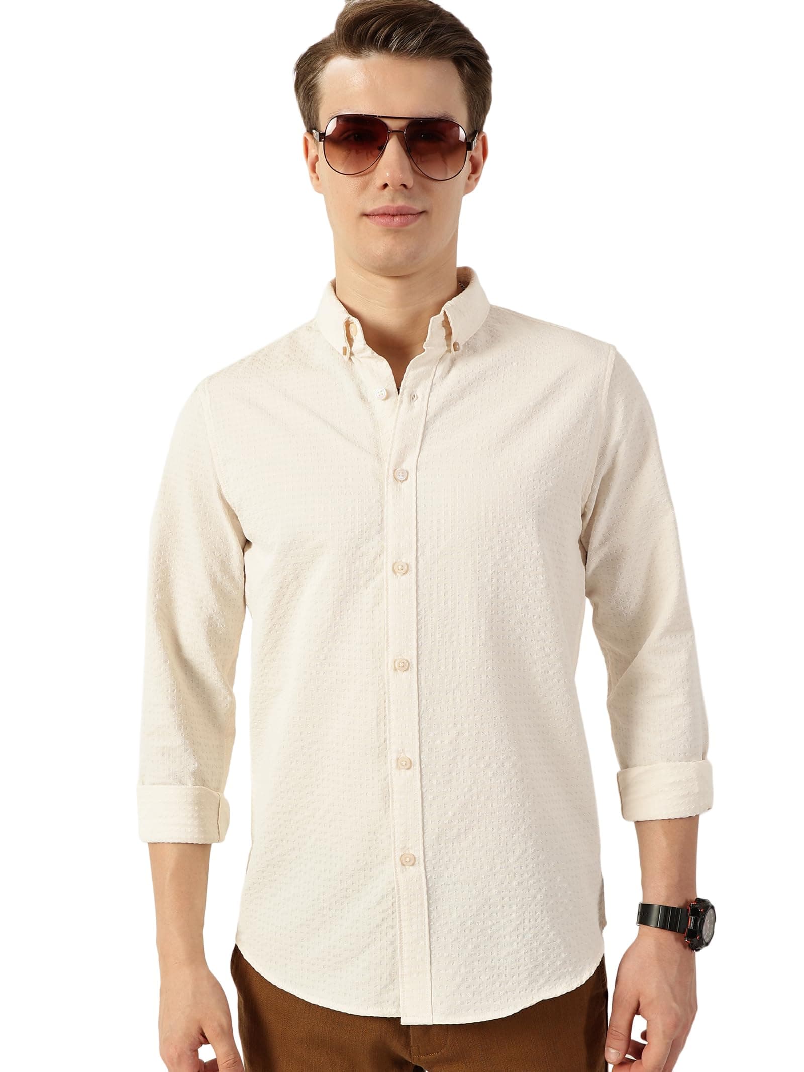 Thomas Scott Men's | Solid | Textured Fabric | Full Sleeve | Slim Fit | Polyester-Blend | Button Down | Casual Shirt
