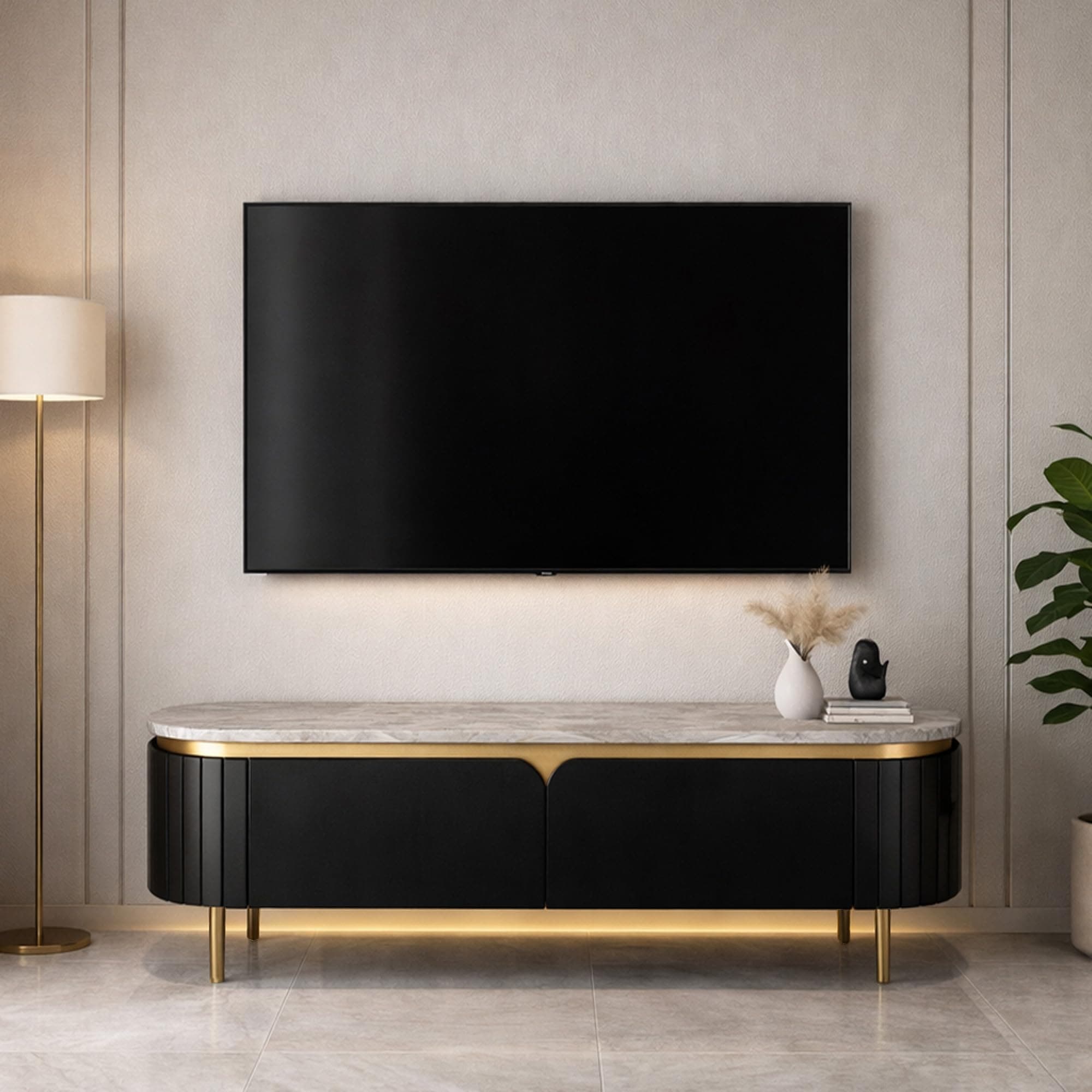 The Attic Carlston TV Cabinet, Solid Wood Sideboard for Living Room, Black Matte Finish with Ceramic Marble Top