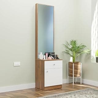VIKI | Engineered Wood Dressing Table with 1 Drawer & 1 Door, Mirror and Huge Storage Space | Vanity for Living Room, Bedroom (Brussel Walnut & Frosty White - 43.8W x 40D x 182.6H cms)