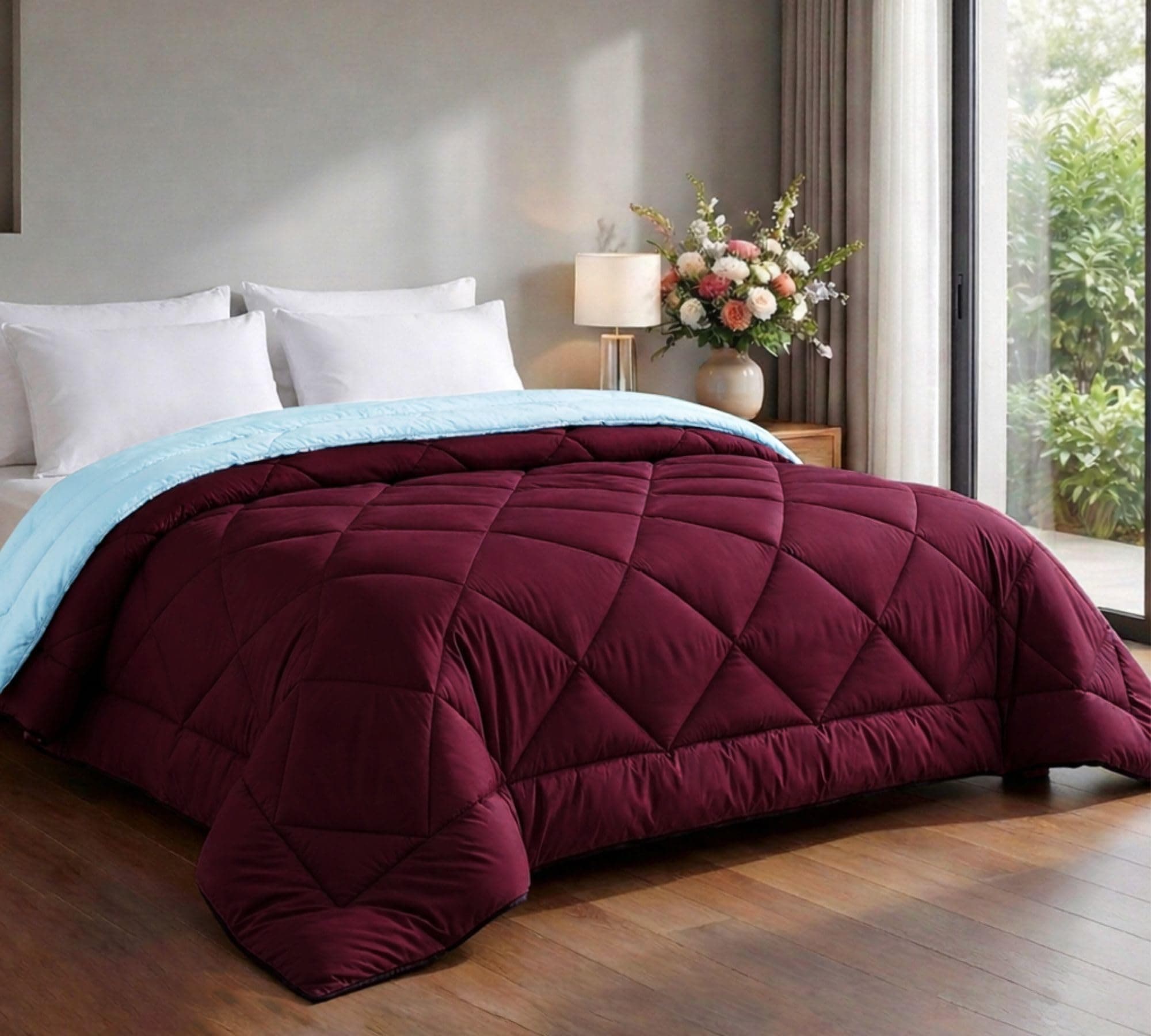VAS COLLECTIONS Summer Razai/AC Comforter 220 GSM – Double Bed (90 x 86 Inches / 220 x 228 cm), Super Soft & Fluffy, Lightweight All Season Microfiber Comforter – Maroon & Silver