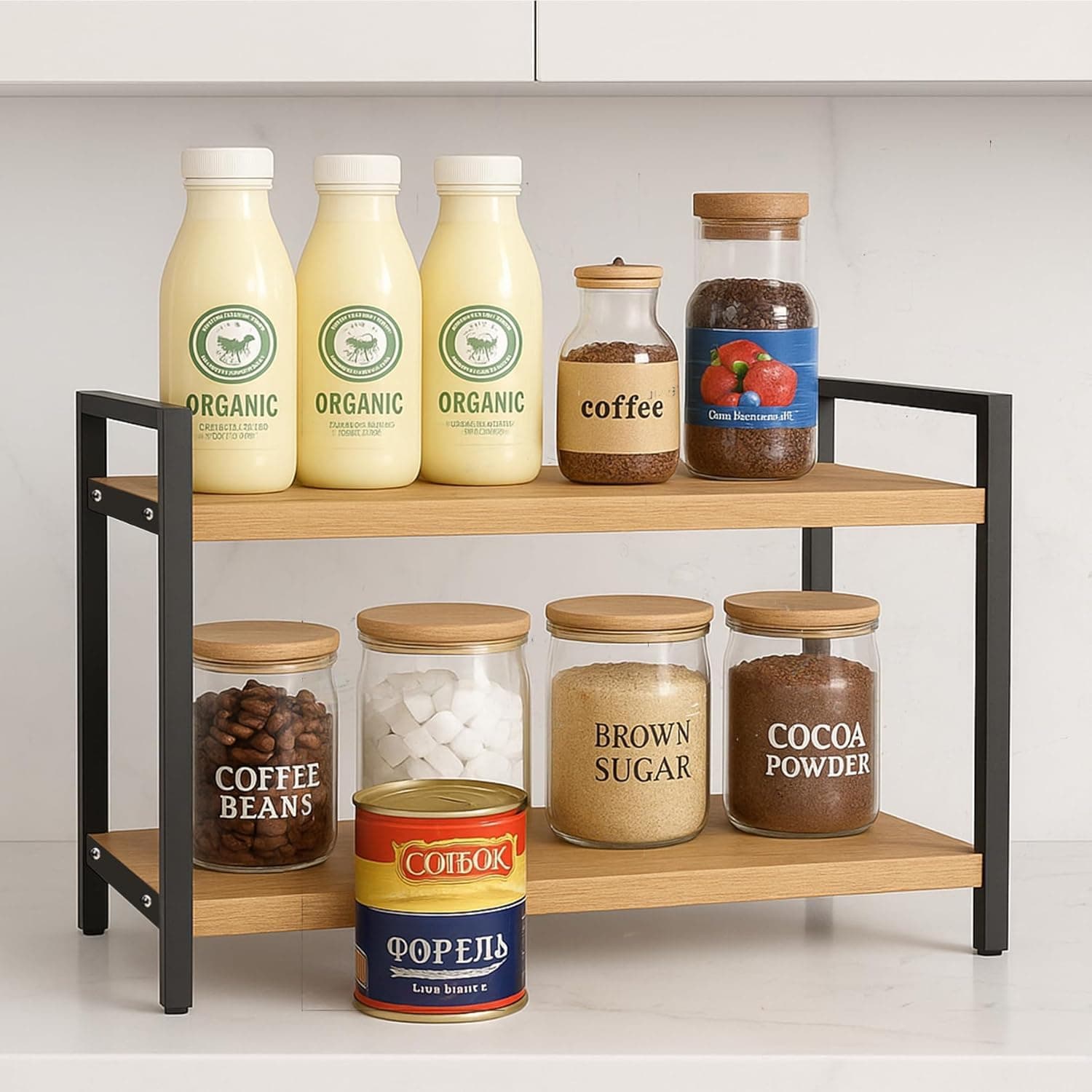 Decorlay Kitchen Countertop Storage Organizer Laminated Board with Metallic Frame, Space-Saving Rack for Spice Bottles & Condiments | Beech & Black | Pack of 1