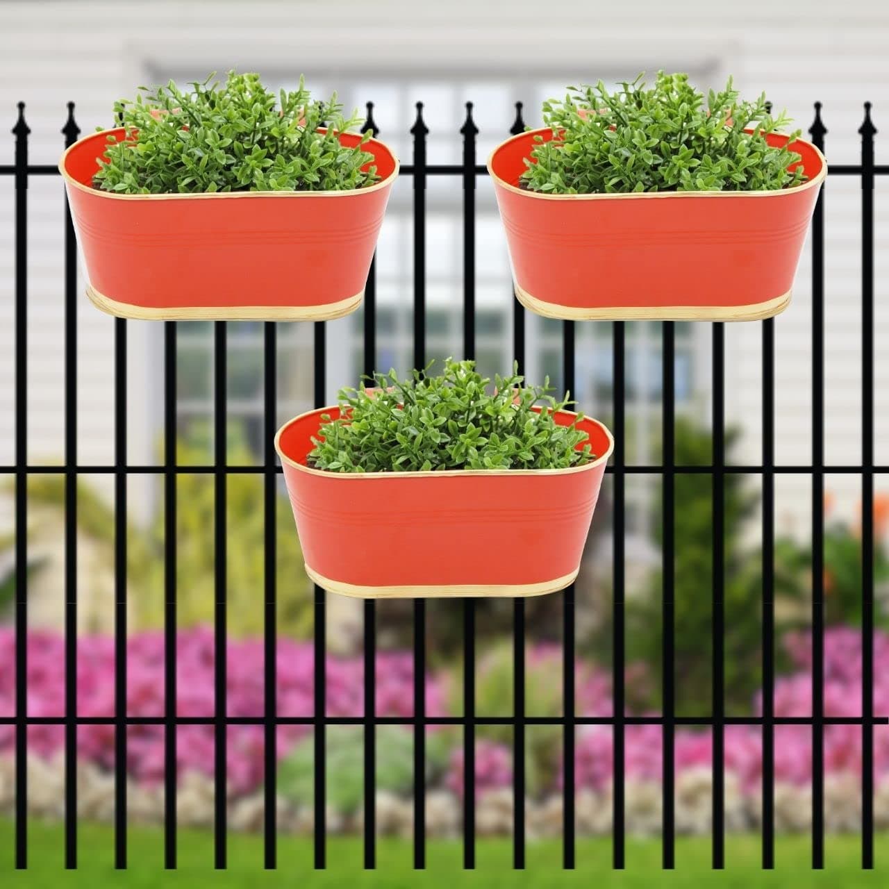 ecofynd 12 Inches Aurelia Railing Planters for Balcony, Hanging Pots for Plants, Wall Hanging Decorative Planters for Vertical Garden, Oval,12 inches Pack of 3 (Red)