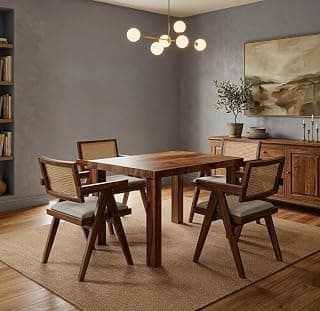 Dining Table Set of 4, Wood 4 Seater Dining Table with Chair || Wooden Dining Table 4 Seater for Living Room || Folding Dining Table || Dining Room Furniture || Cane Chairs for Balcony || Honey Finish