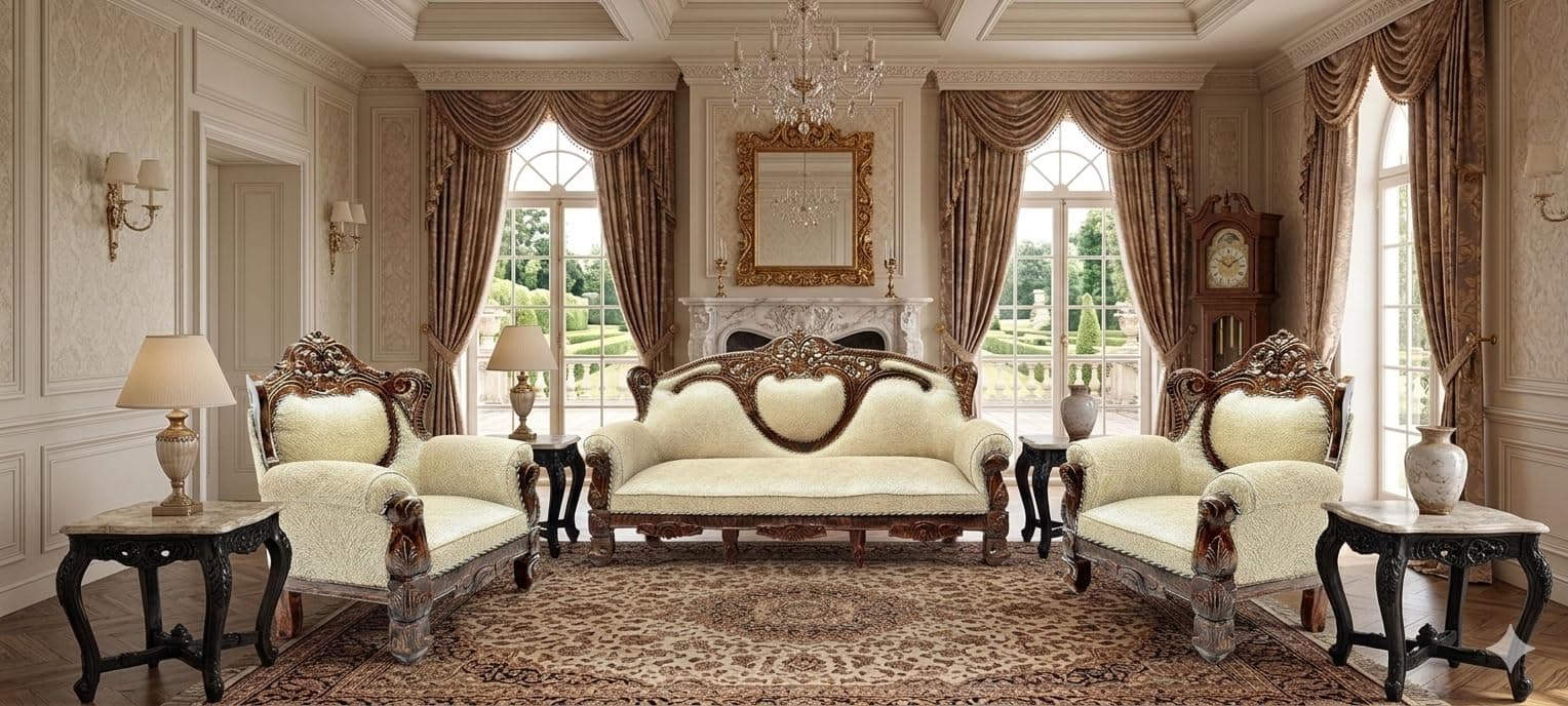 W.S. HANDICRAFTS Wooden 5 Seater Sofa Set, Solid Wood Sofa | 3+1+1 with Cushion Seating | Traditional Design Furniture for Living Room | Home | Bedroom | Office
