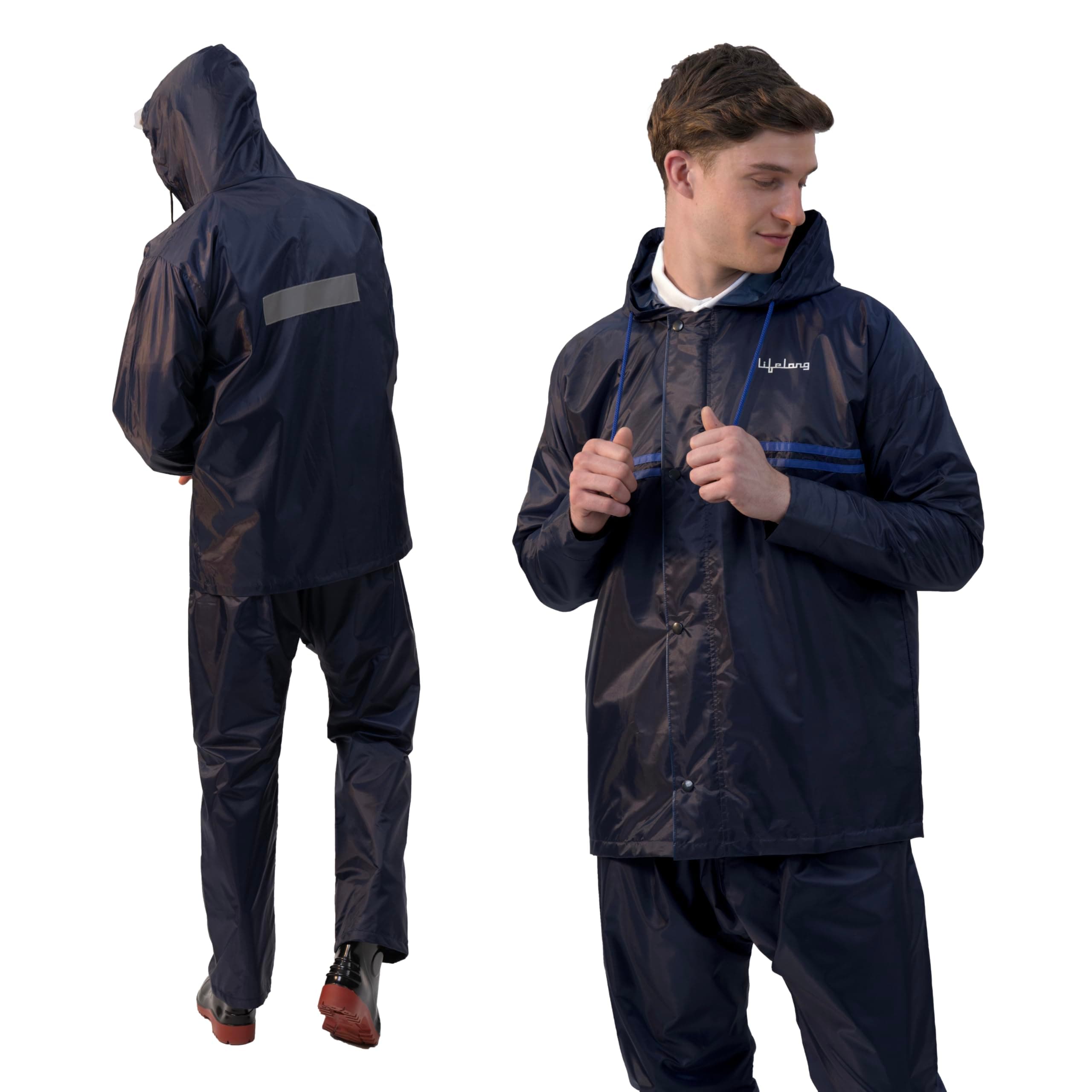 Lifelong Men's Waterproof Raincoat Set – Reversible Double Coated Rain Suit with Hood, Inner Mobile Pocket | Zip & Snap Closure | Lightweight Polyester |Monsoon Wear| XL Navy Blue & Royal Blue Stripe