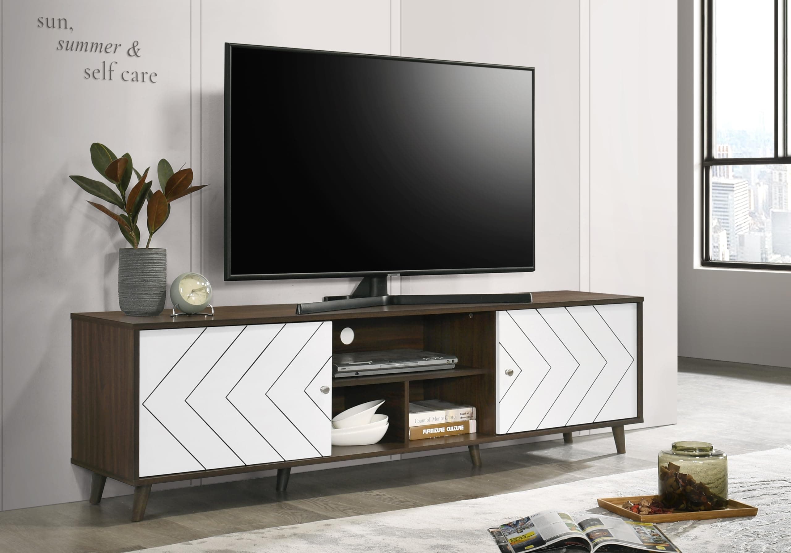 DeckUp Soneva Engineered Wood TV Unit (Walnut & White, Matte Finish)