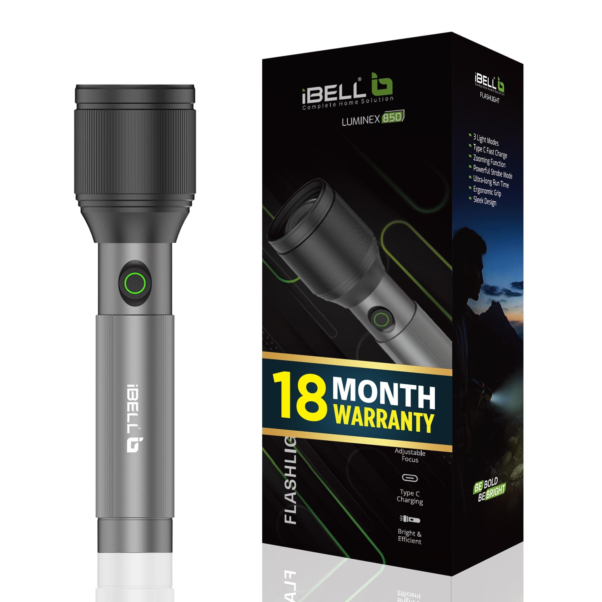 IBELL LUMINEX 850 Rechargeable Torch Light High Power,3 Light Modes,15w, 2200mah battery, Telescopic Zoom, Type C Charging, LED Flashlight, Long-Distance Range, for Home,Outdoor & Emergency Use (Grey)