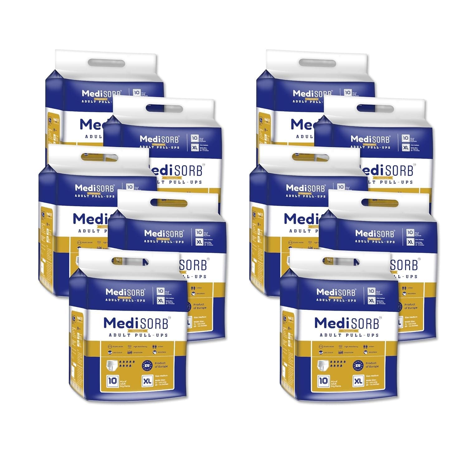 MediSORB Adult Diaper XL Pants | ExtraLarge (XL) |Waist 147-172 cm (58-68 inches) |High Absorbency 12 Hrs |Rash-Free Adult Diapers |Leakproof |Elastic Waist |Men & Women | 100 Units, Pack of 10