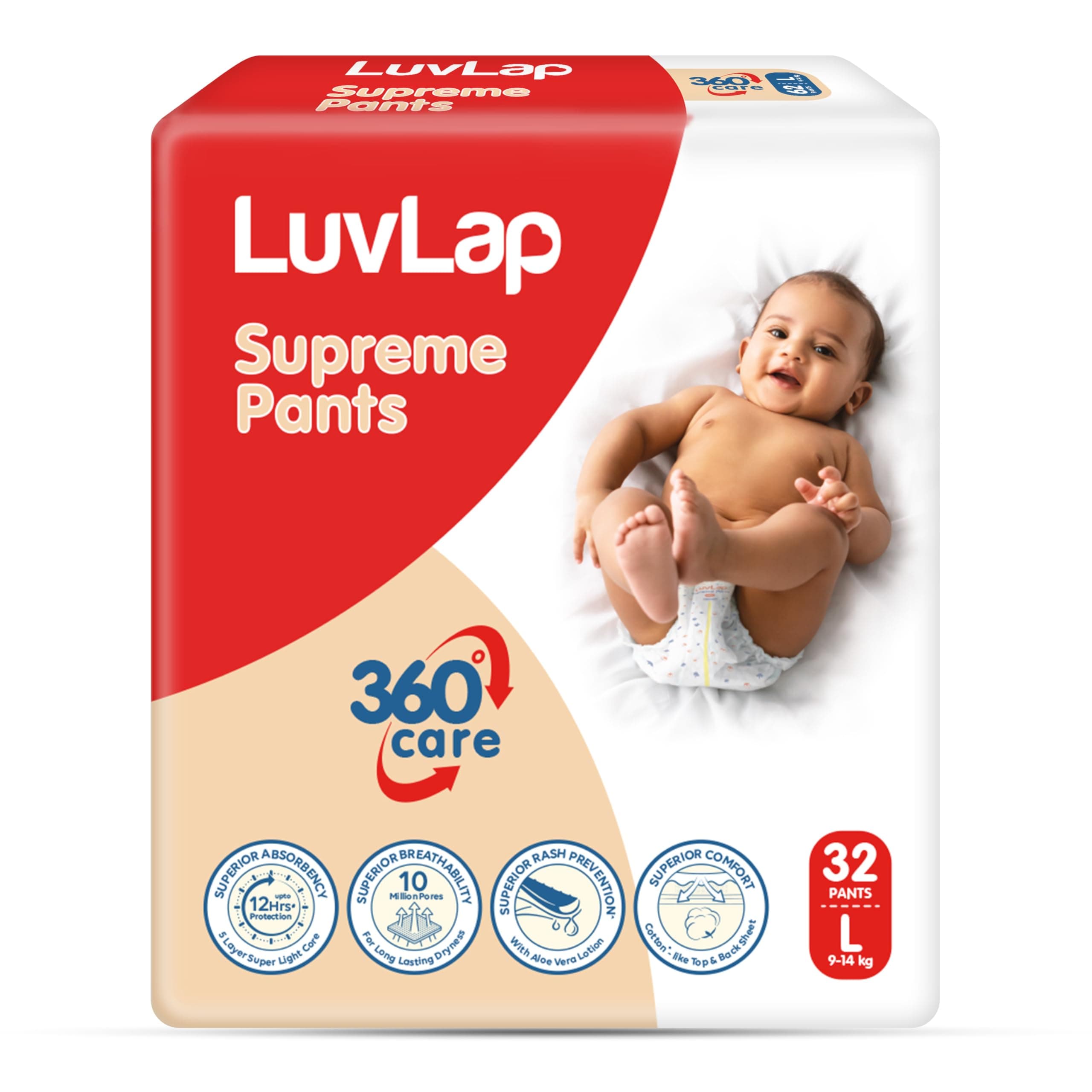 LuvLap Supreme Diaper Pants Large (LG) 9 to 14Kg, 32Pcs, 360° skin care with 10 million breathable pores, Aloe Vera for superior Rash prevention, upto 12hr protection, 5 layer super light core
