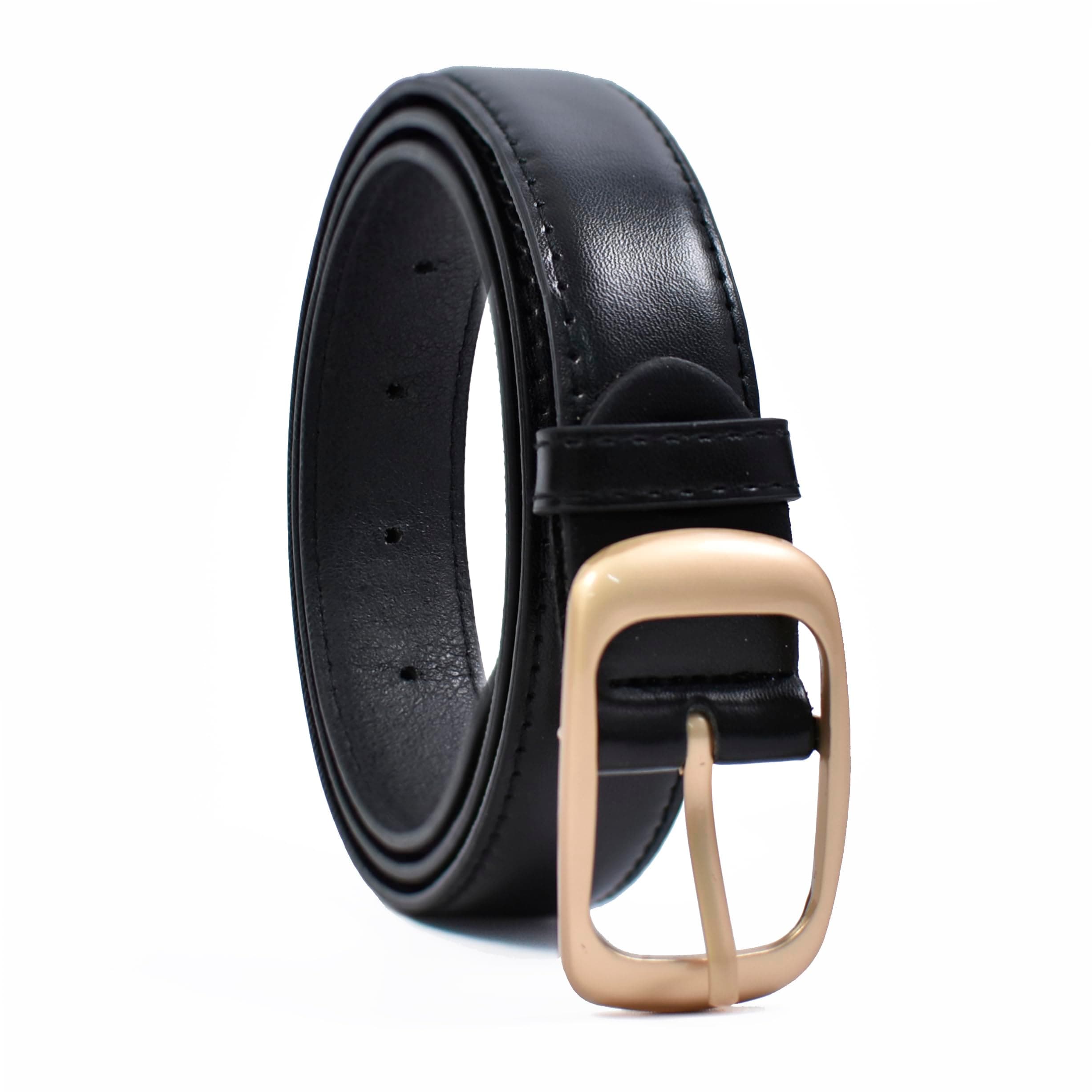 WildHorn Women's Leather Belt with Gold-Tone Buckle, Classic Black, Dress Belt