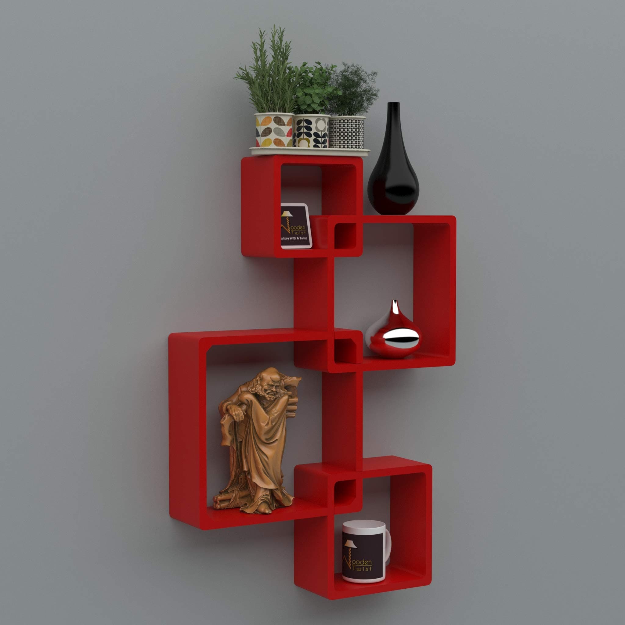 Onlineshoppee Rafuf Engineered Wood Intersecting Floating Wall Shelf with 4 Shelves (Standard, Red)