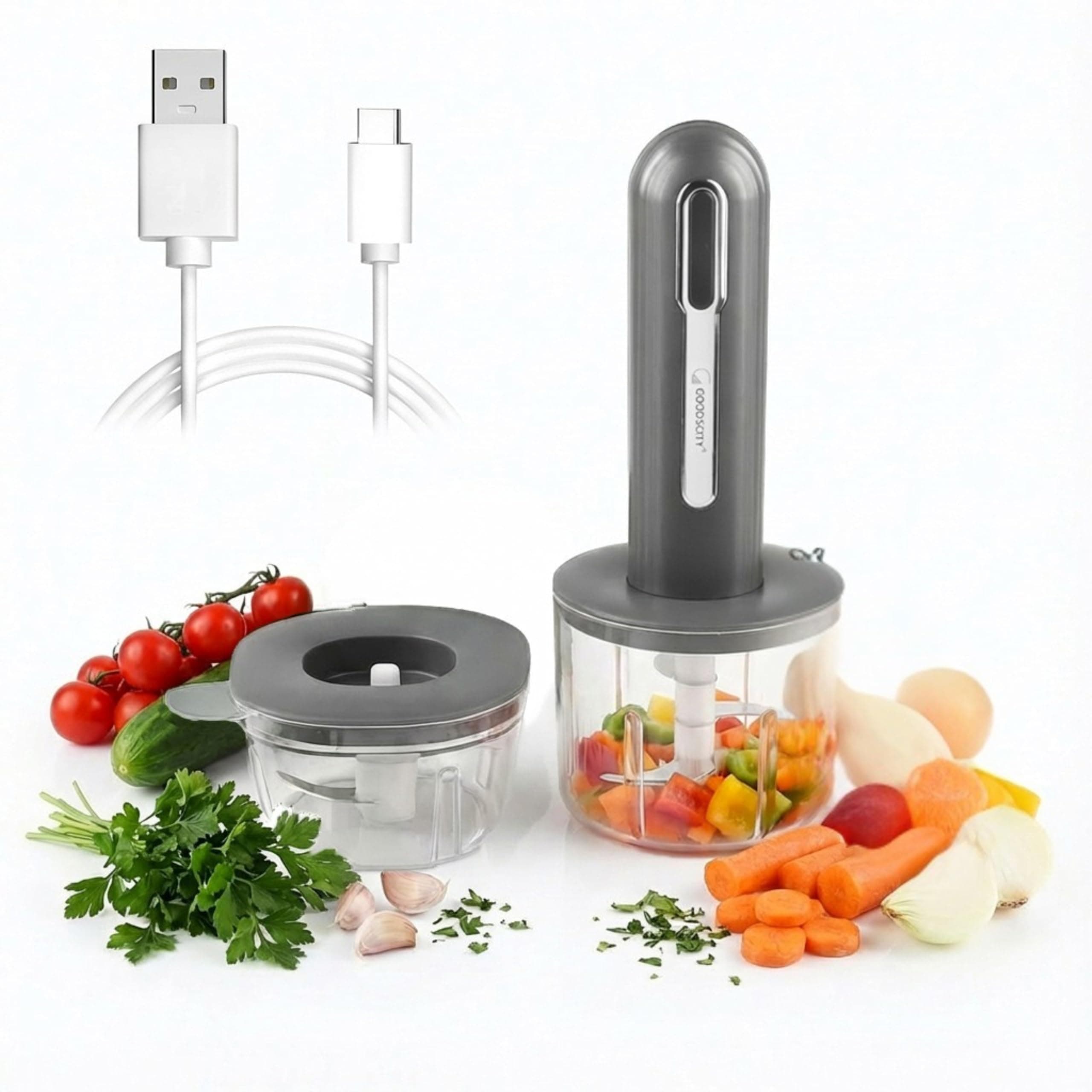Goodscity Portable Mini Electric Chopper| Dual Bowls 400ml & 200ml| Rechargeable Cutter for Kitchen, Babyfood| Vegetable Cutter for Garlic,Ginger,Onion,Nuts|1300mAh Strong Battery| 1 Year Warranty