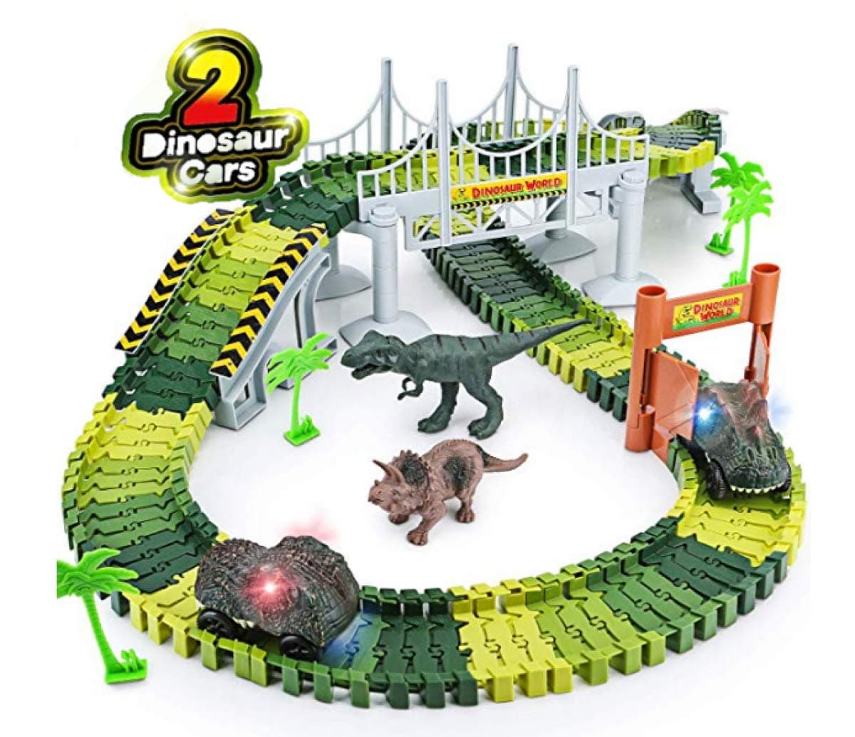 Snaptron Dinosaur Toy for Kids 142 pcs Train Toys for Children Big Size with 2 Toy Cars; Toys for Boys Jurassic World Train Toy with Flexible Race Track Dinosaur for Kids 3-5 (Dino Track)