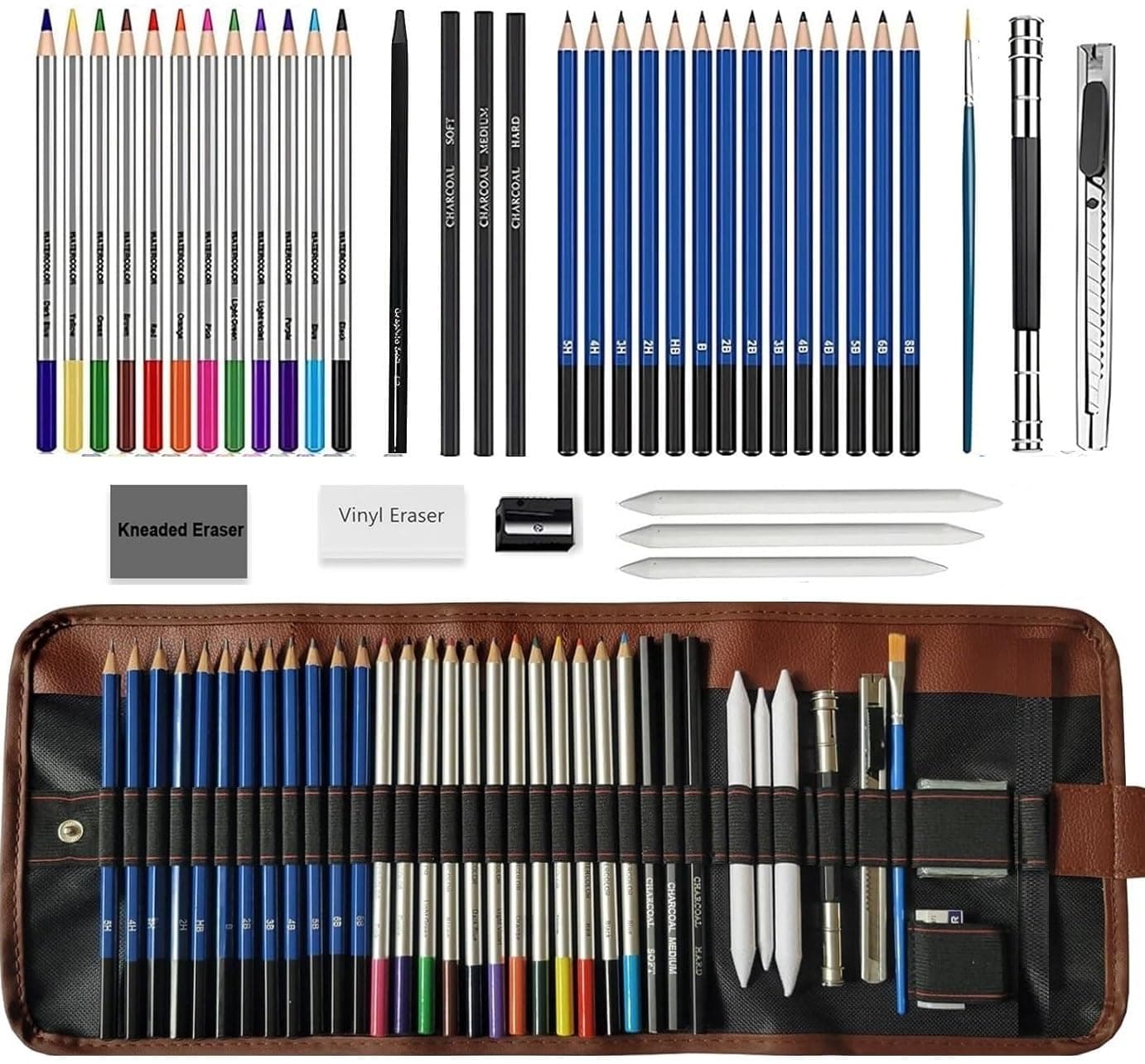 Corslet 39 Pieces Drawing Pencils Sketching Kit Coloring Drawing Kit with Sketch Pencil Set Watercolor Colour Pencils Set Charcoal Pencils for Artists Brush Eraser Art Supplies for Artist Adults Kids