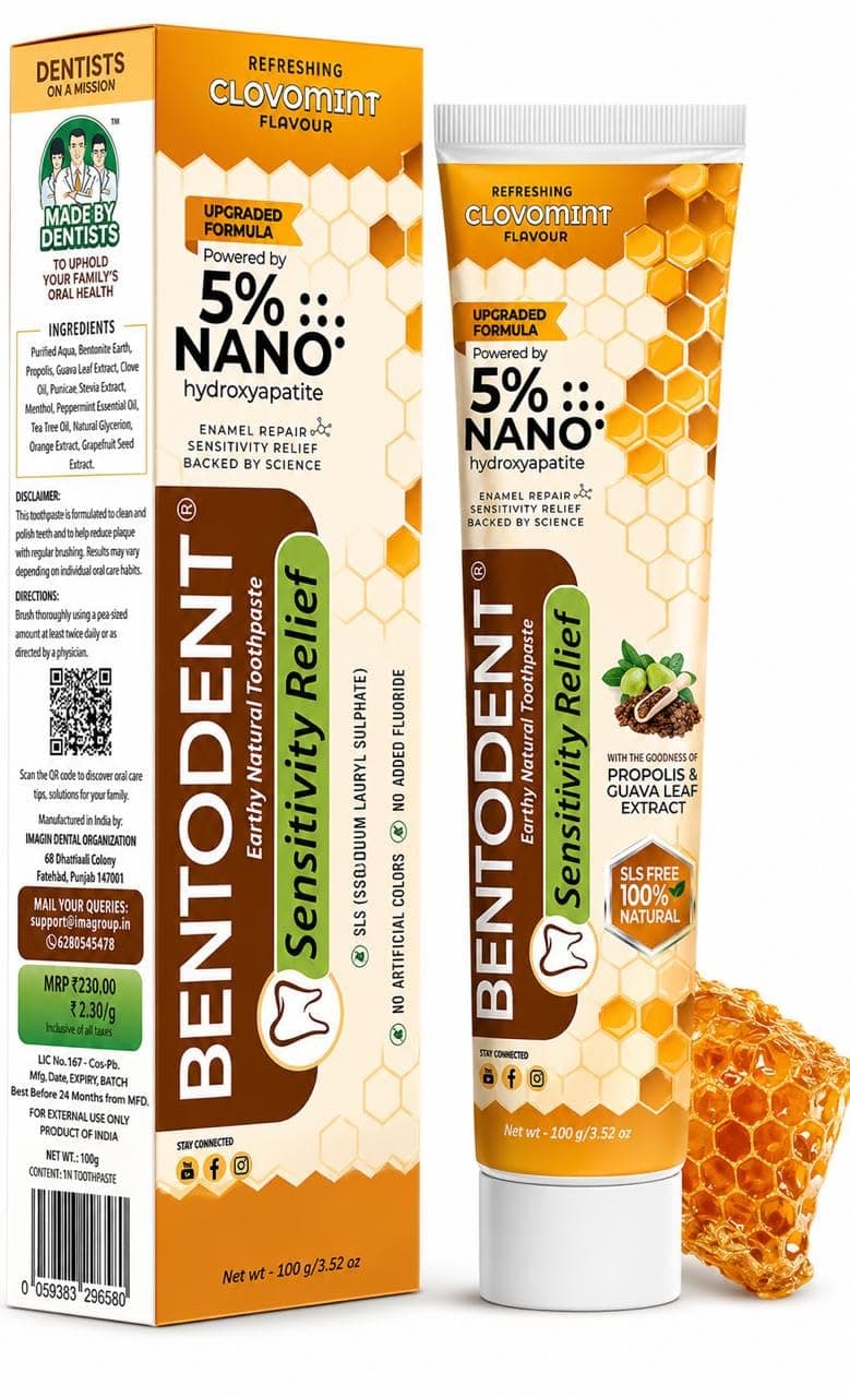 Bentodent Sensitive Toothpaste – Natural Sensitivity Relief with 5% Nano Hydroxyapatite, Clove & Mint, Bentonite Clay & Propolis, SLS-Free, No Added Fluoride, 100g