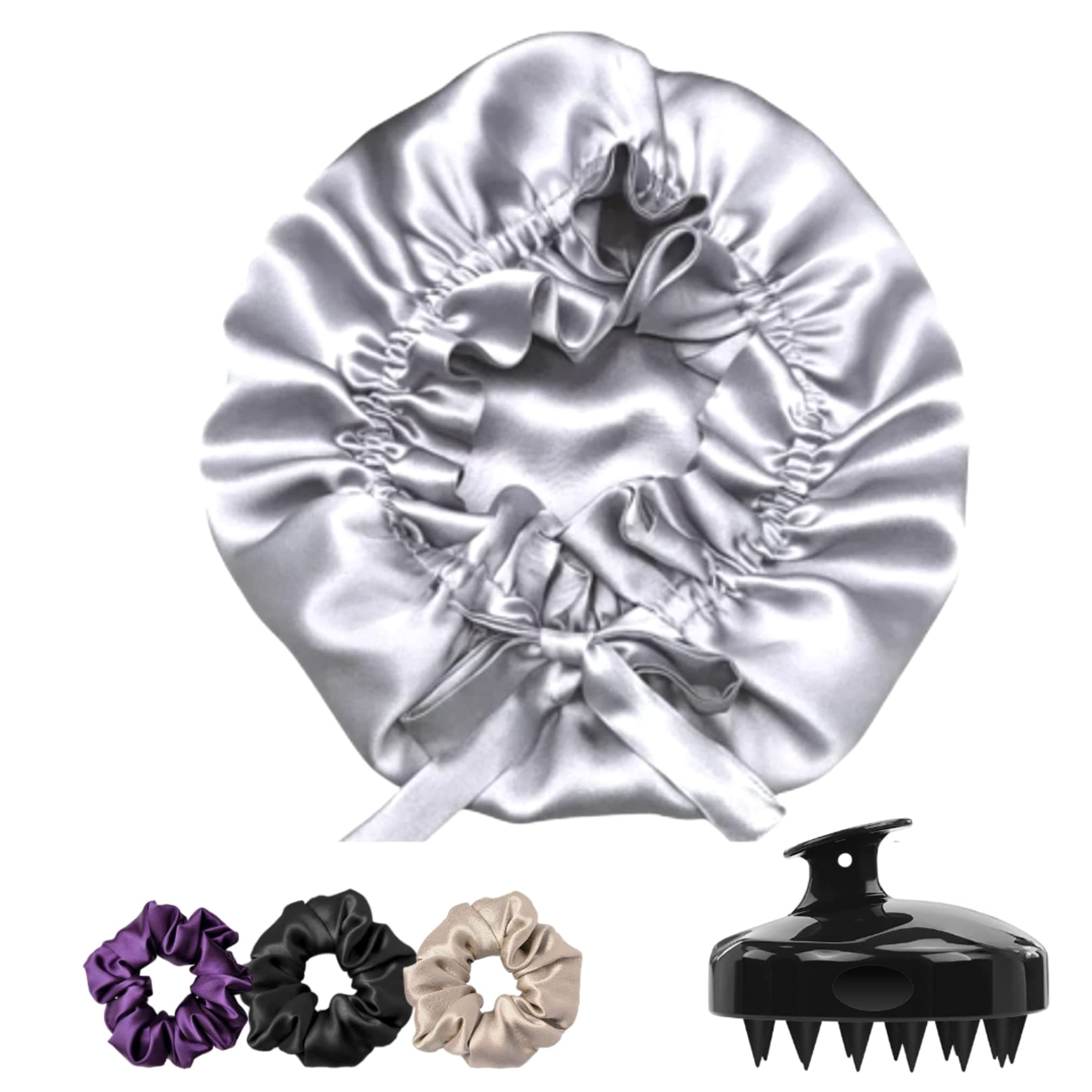 Atrube Silk Satin Hair Bonnet Reversible with Adjustable tie Band satin bonnet Head Satin Wrap Silk Bonnet Hair Scalp Massager Shampoo Brush and scrunchies (Silver)