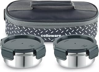 CELLO MF Freshpro Stainless Steel Lunch Box Set with Bag, Grey | 2 x 300ml Round Steel Container | Food Grade, BPA Free | Air Tight Clip Lock, Leakproof Tiffin Lunch Box for School Kids Office Travel