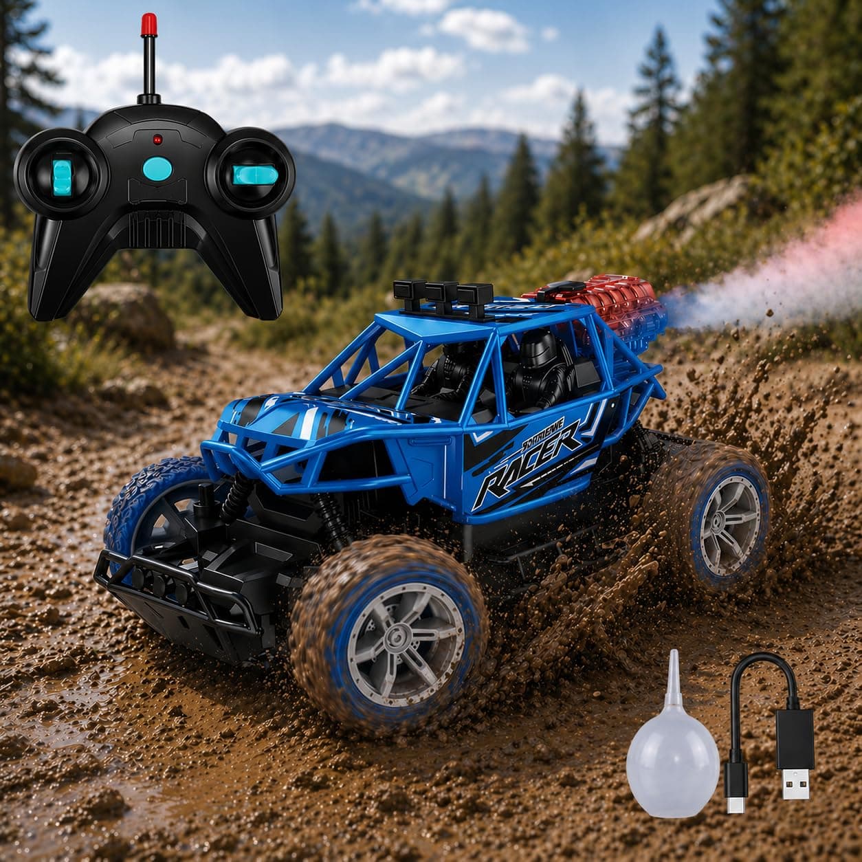 Toy Imagine Remote Control Car for Kids, Rechargeable RC Off Road Buggy with LED Lights & Spray Mist Effect, 40MHz Racing Car Toy for Boys & Girls, Indoor Outdoor Play, Blue