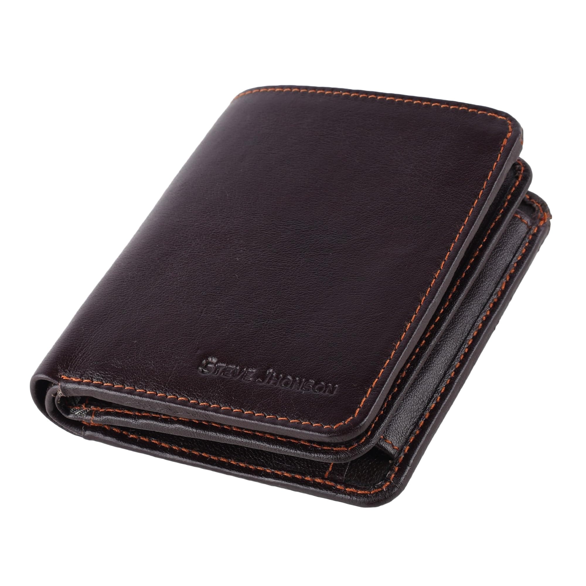Steve Jhonson Genuine Leather Wallet for Men - Tri-Fold RFID Protected Men's Purse, 10 Card Slots, 2 Note Compartments, ID Window & Coin Pocket, Stylish & Ideal Gift for Men (Brown Softy)