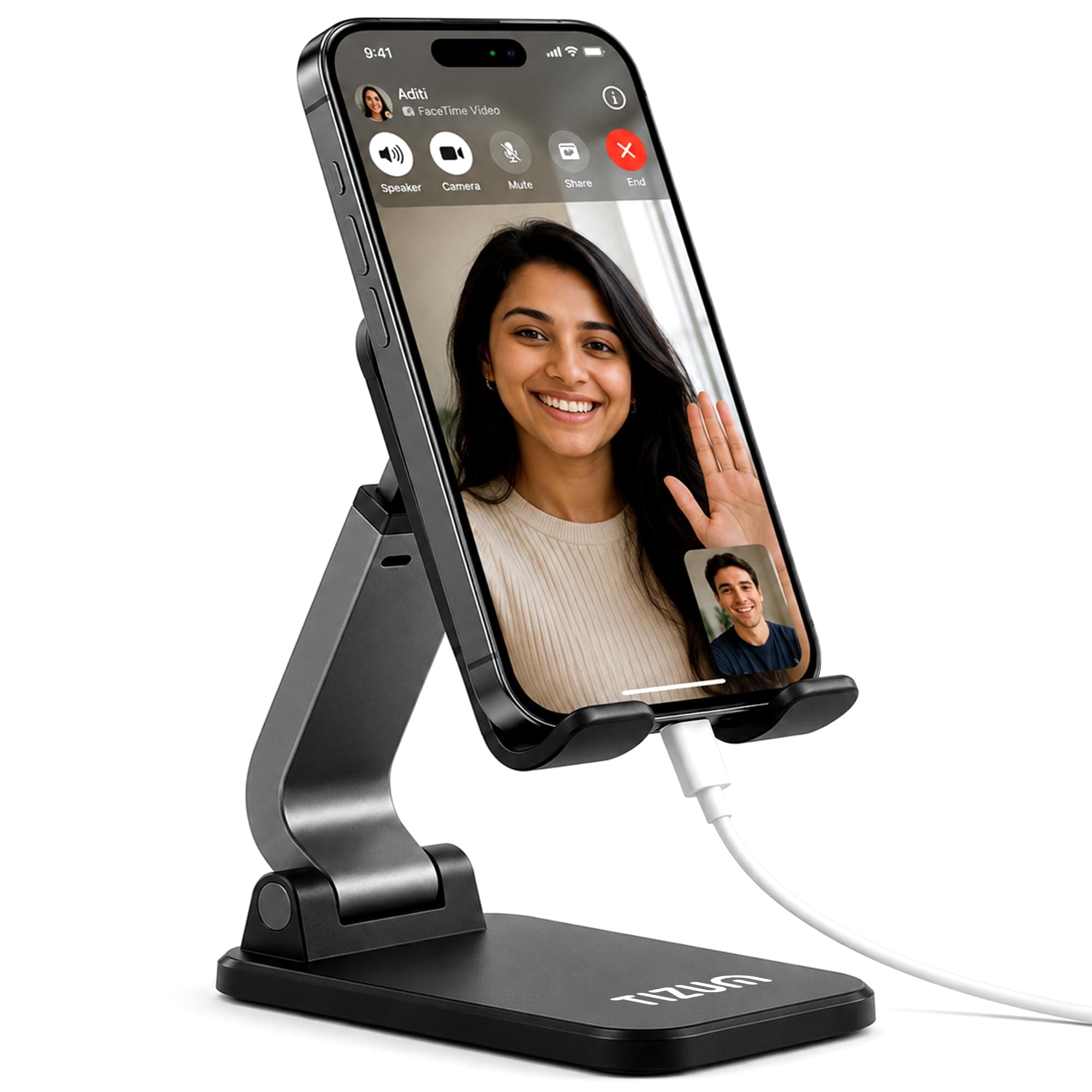 TIZUM Foldable Mobile Stand for Desk, Adjustable Height & 74.5° Tilt Angle, Anti-Slip Rhombus Grip, Reserved Charging Hole, Carbon Steel Phone & Tablet Holder (Black)