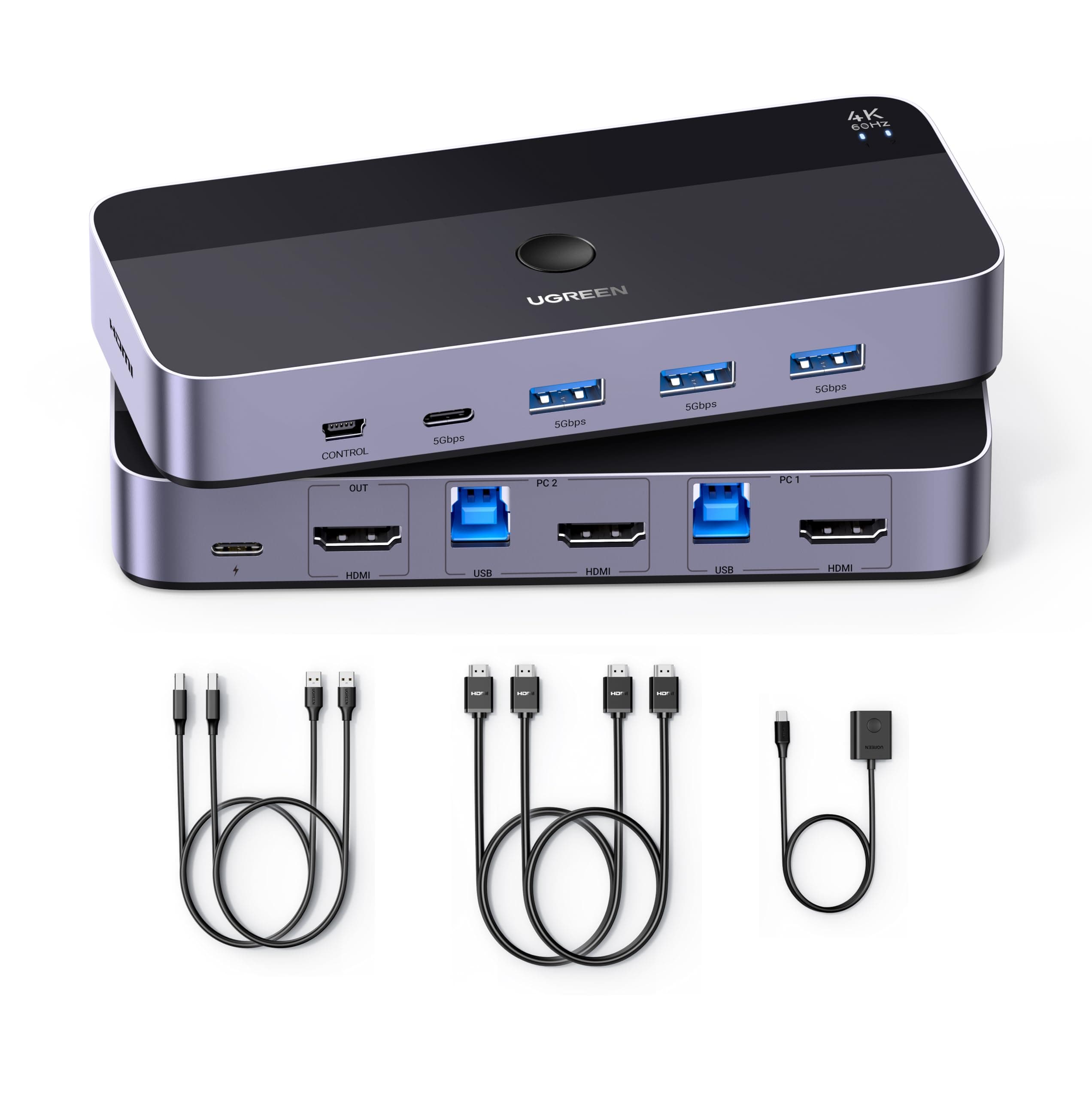 UGREEN USB 3.0 KVM HDMI Switch 4K@60Hz 2_Way High-Speed Transmission Share 3 USB + 1 Type-C Ports for Keyboard Mouse Hard Drives Printer to One Monitor with 2 USB Cables and 2 HDMI Cables