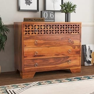 GateWay Furniture Sheesham Wooden Chest of Drawers with 4 Spacious Drawer Storage for Living Room Storage - Solid Wood Chest of Drawers Wooden Drawer Cabinet for Bedroom Home (Asher_Honey Finish)