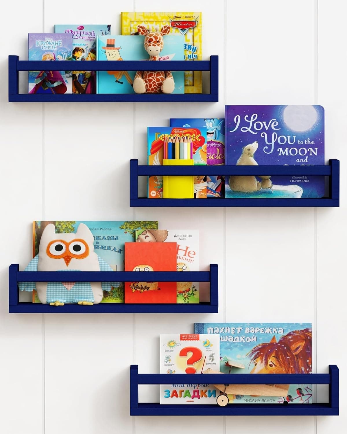 WooDinzo Floating Nursery Book Shelves for Wall Set of 4, White Wall Bookshelf for Kids Room, Small Book Shelf Bookshelves for Baby Teen Boys Girls Bedoom Bathroom Toy and Decor Storage (Blue)