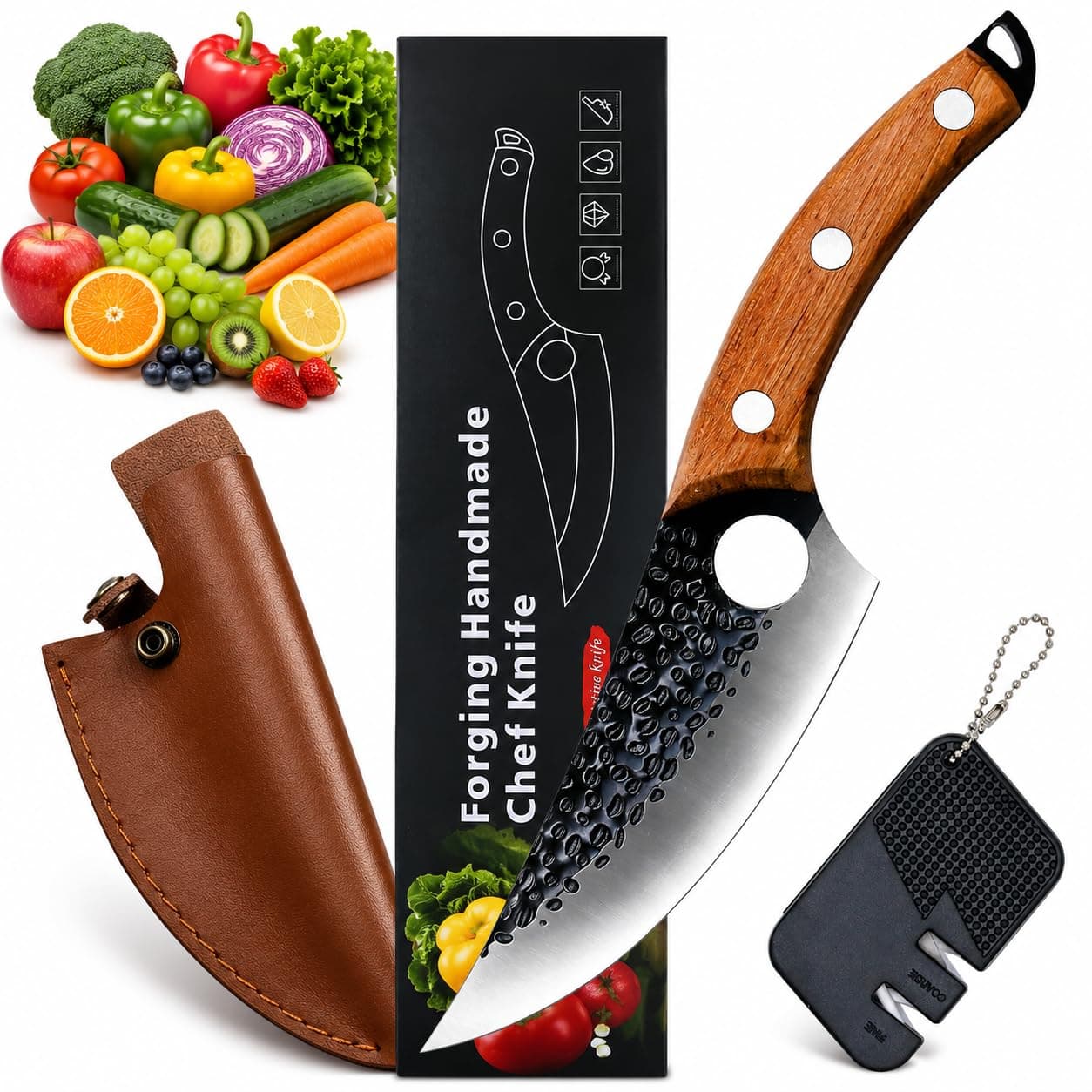 Professional Chef Knife –8 Inch Japanese Style Kitchen Knife with Hammered Stainless Steel Blade & Wood Handle–Ultra Sharp Multipurpose for Vegetables & More (Wooden Handle Knife + Sharpener)