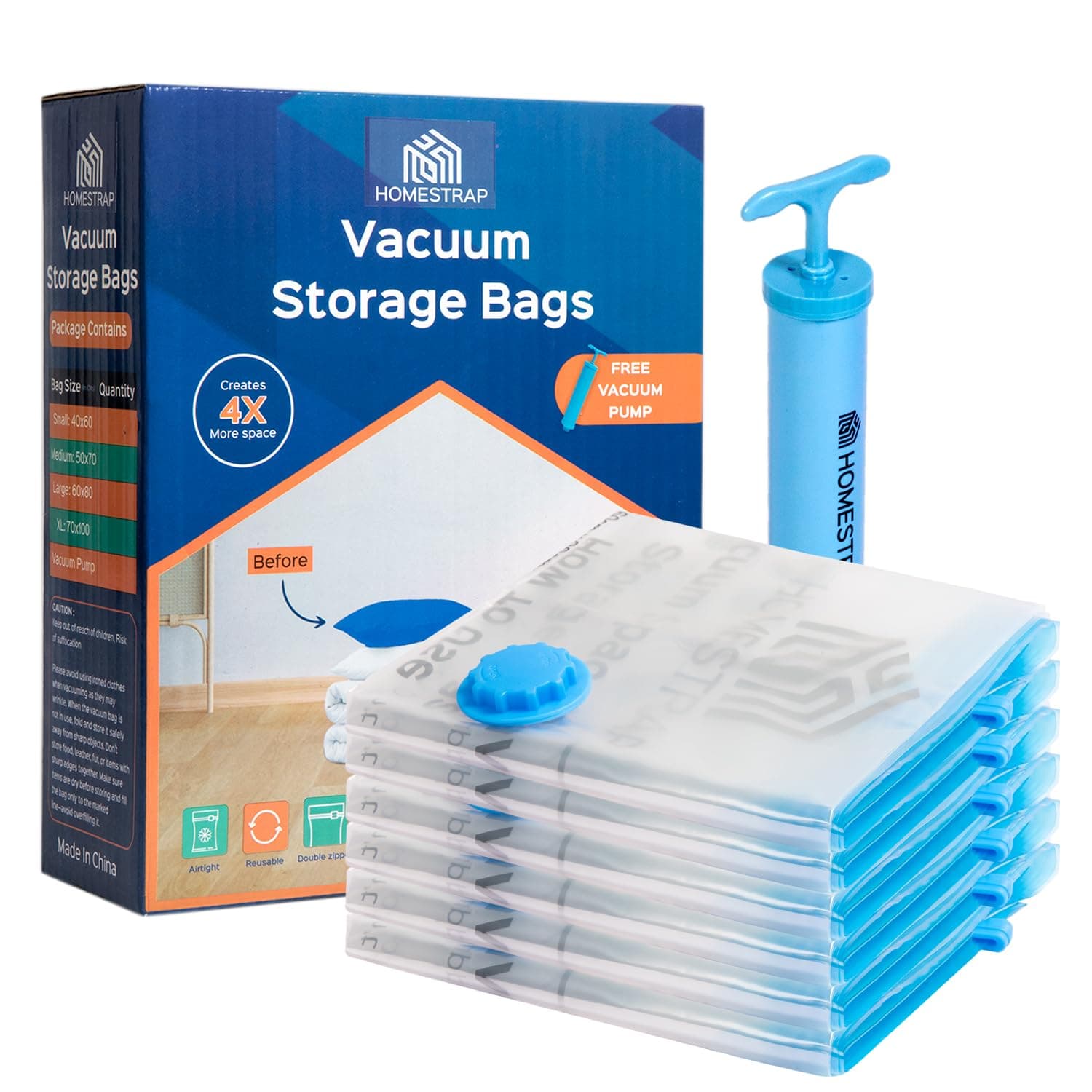 Homestrap Pack of 6 Vacuum Storage Bags with Pump (6XL)| Airtight and Reusable Space Saver Double Ziplock Bags with Vacuum Pump|Creates 4X More Space for Clothes/Blankets