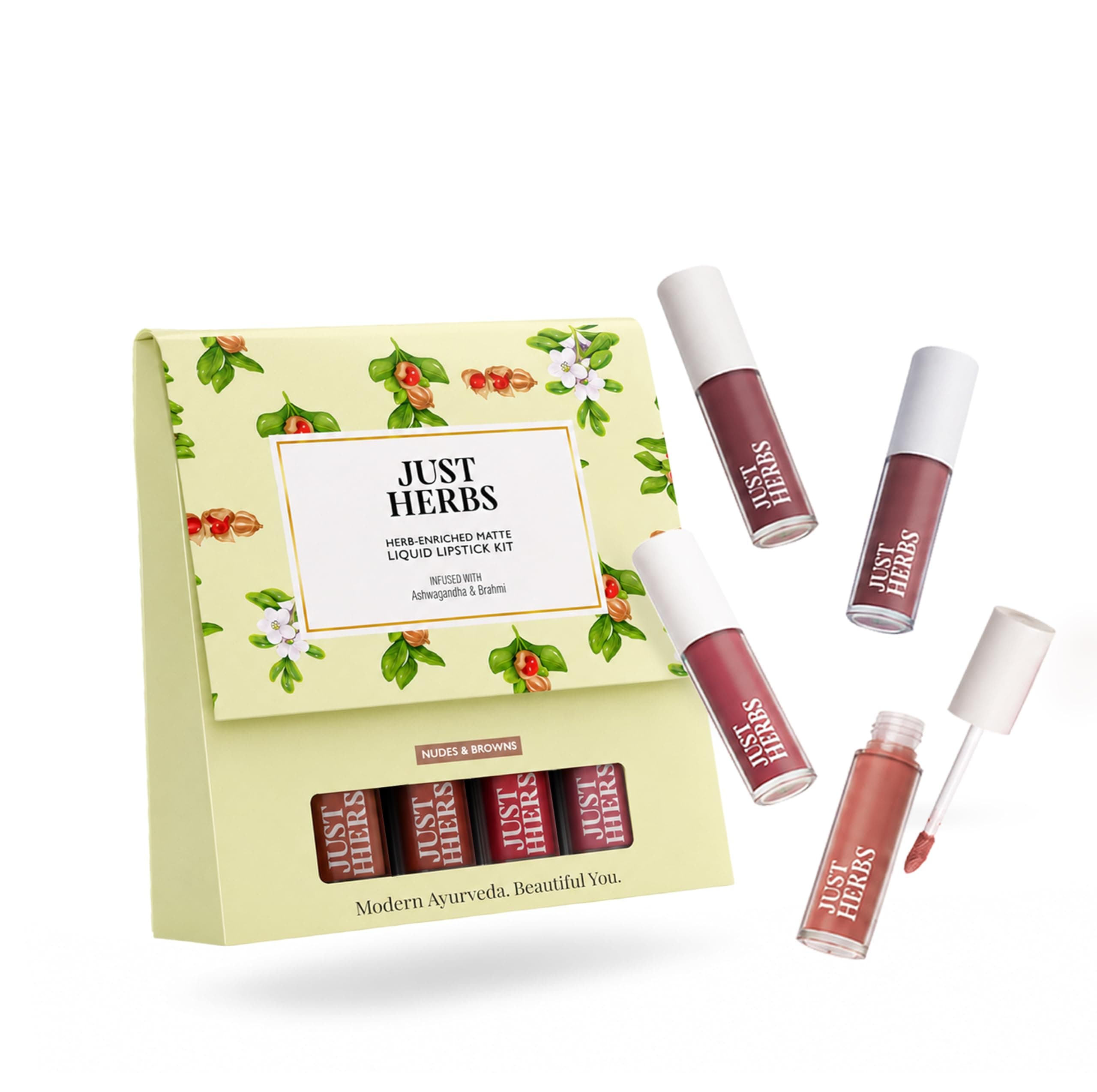 Just Herbs Herb Enriched Matte Liquid Lipstick | Set of 4 | Ayurvedic Lipstick for Women | Hydrating & Lightweight | Long Lasting (Nudes & Browns)