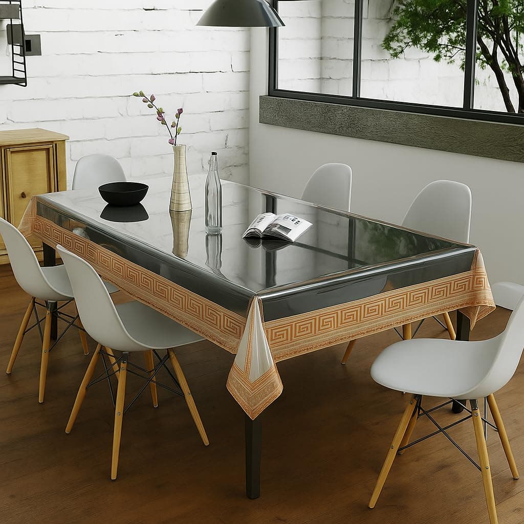 Homerz Premium 6-8 Seater High Thickness Transparent Table Cover with Lace, 15 mm Thick, Durable and Waterproof, 2 Years Guarantee (Copper Lace, 60x90 inch- 6-8 Seater)
