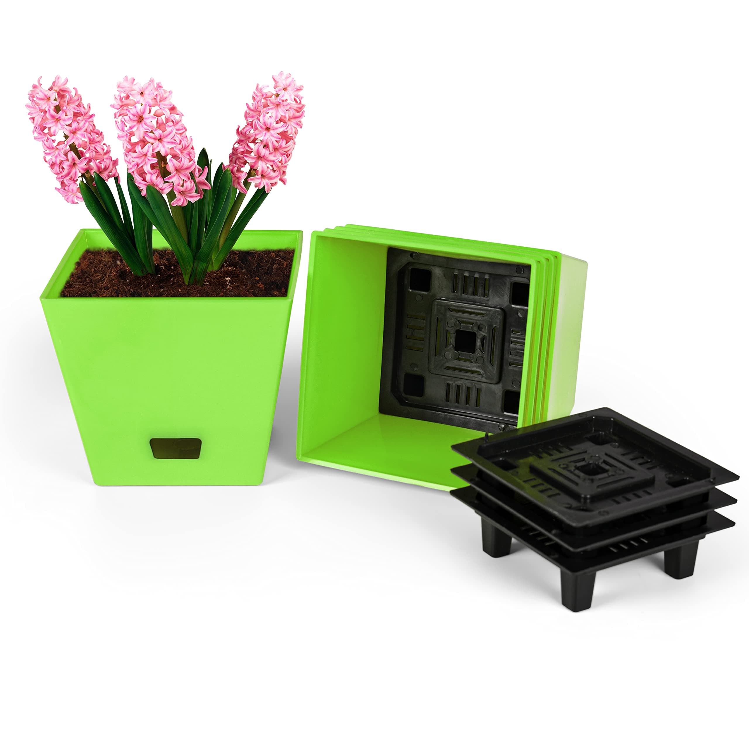 Livzing Set of 5 Square Self Watering Indoor Pots for Plants | 5 inch Flower Pots for Home Planters, Terrace, Garden | 5 Outer Pots & 5 Inner Tray | UnFadable | Low Maintenance Gamla - Green