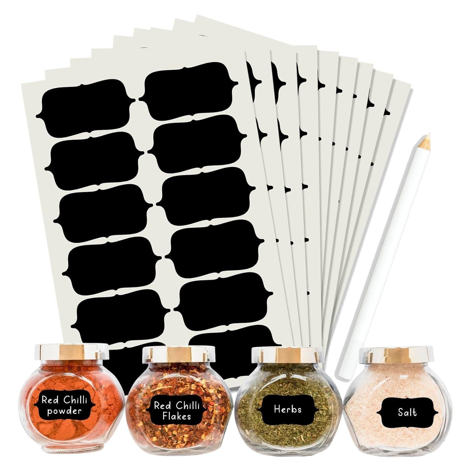 Fliptic 96 Piece Waterproof Vinyl Black Labels Stickers for Mason Jar Glass & Plastic Bottles, 96 Labels Piece Stickers with 1 Piece White Pencil, Self-Adhesive Spice