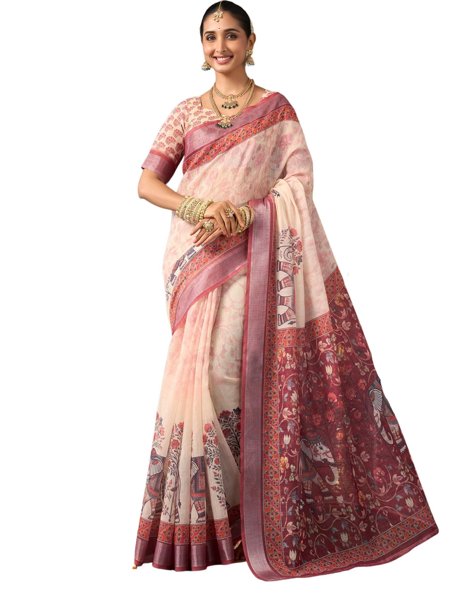 SIRIL Women's Printed Durga Pooja Cotton Saree With Unstitched Blouse Piece