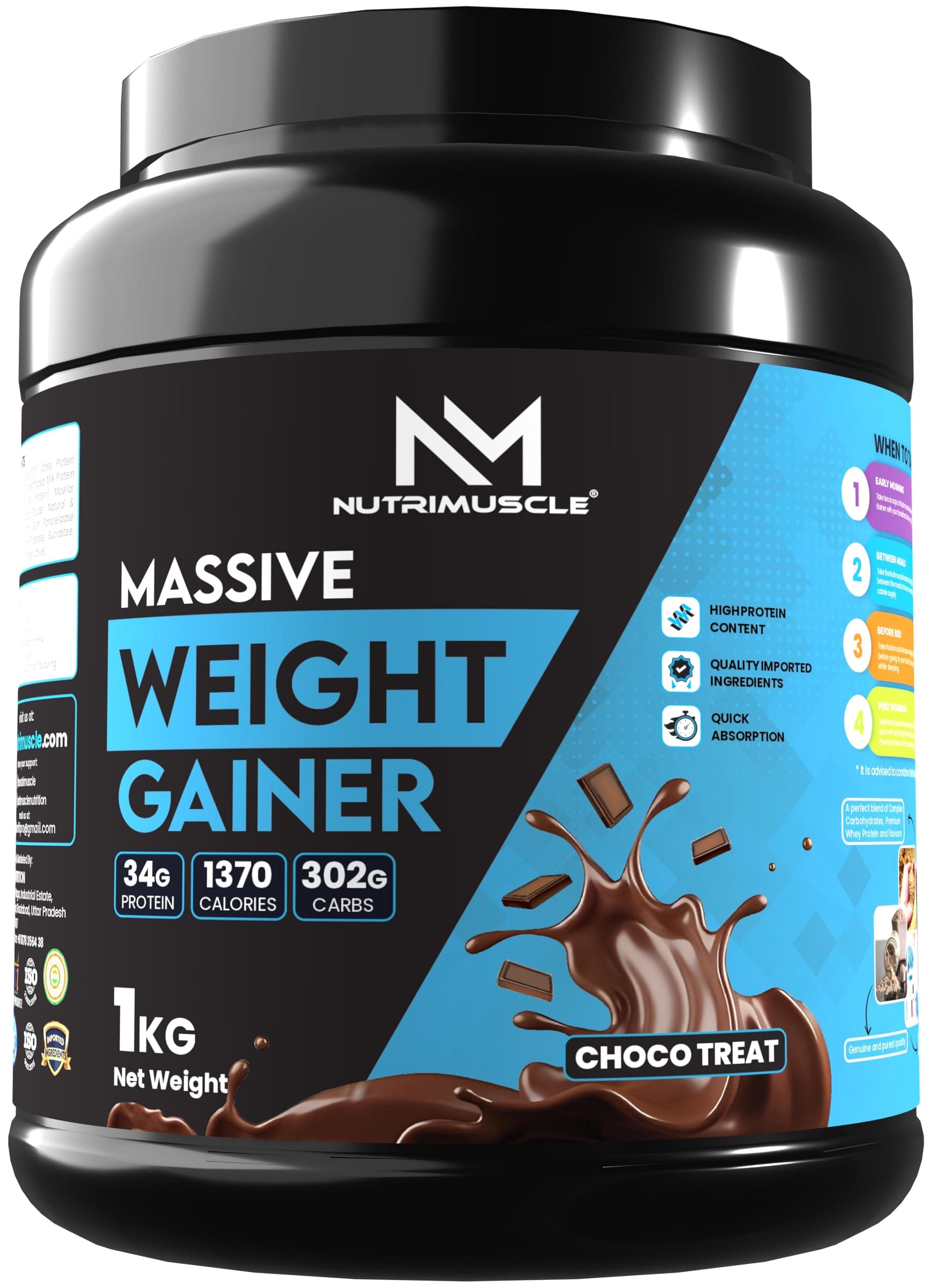 Nutrimuscle Massive Weight Gainer – 1 Kg | Chocolate (Choco Treat) Flavour | High Calorie Mass Gainer with Complex Carbs & Protein Blend for Weight & Mass Gain | For Men & Women