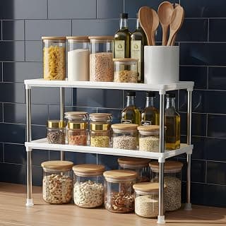Satpurush 2 Tier Kitchen Organizer Rack Countertop Shelf, Space Saving Kitchen Rack for Spice Jars Oil Bottles and Containers, Modern Metal Kitchen Organiser for Neat Home Storage