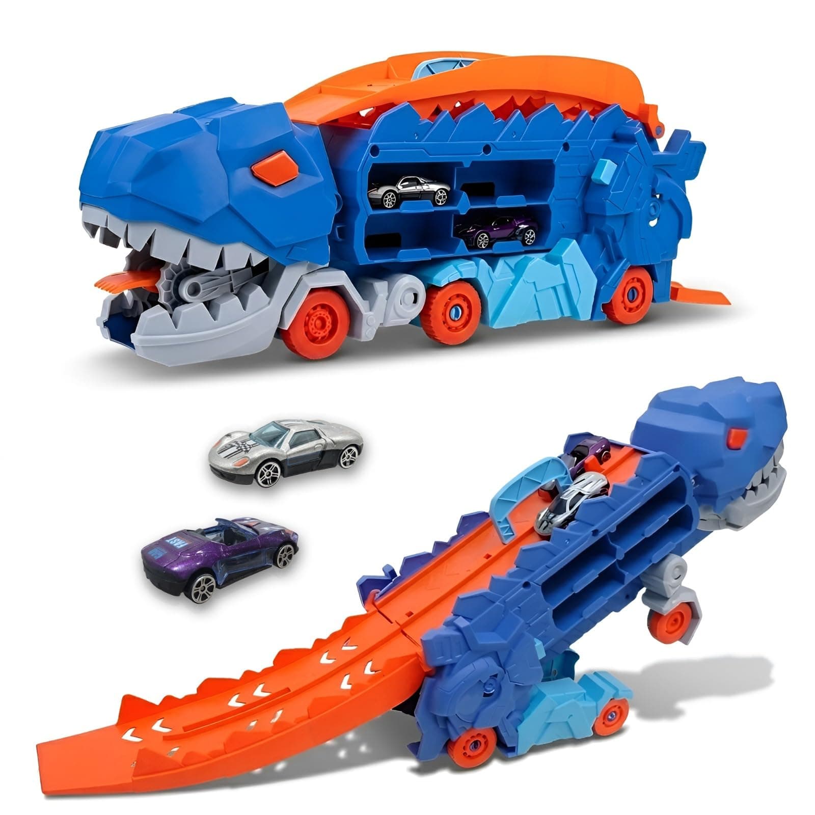 WireScorts Dinosaur Planet Dino Transporter Truck Toy with Track – Push & Go Dinosaur Car Carrier with 2 Die-Cast Cars, Deformation into Race Track – Toddler Toy Gift for Boys Ages 3–6