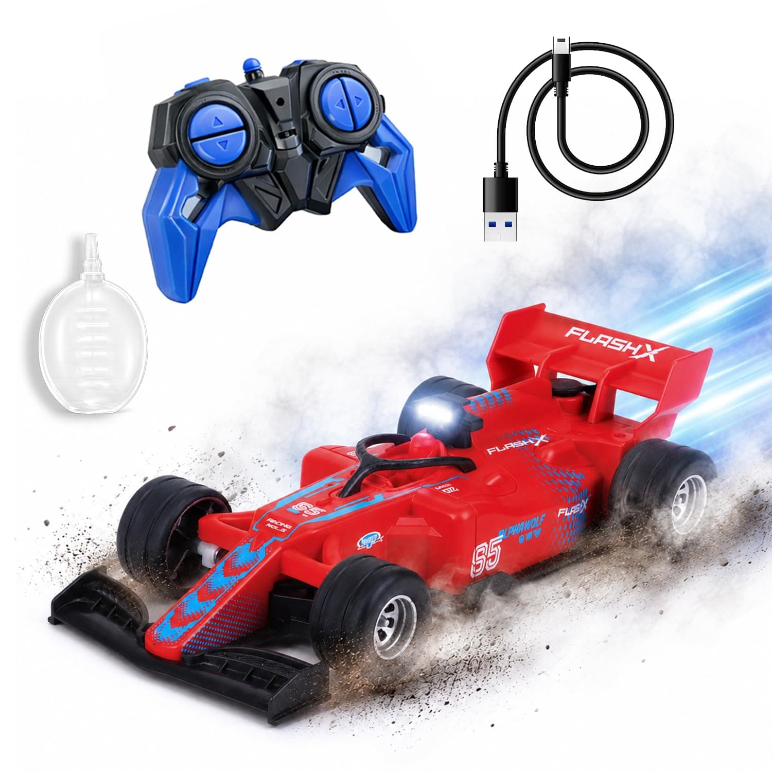 Amazon Brand - Jam & Honey Formula F1 RC Racing Car for Kids | 2.4GHz Remote (100+ ft Range) | Mist Smoke Effect | LED Lights | Type-C Rechargeable | Multi-Direction Control | Red|4+ Years