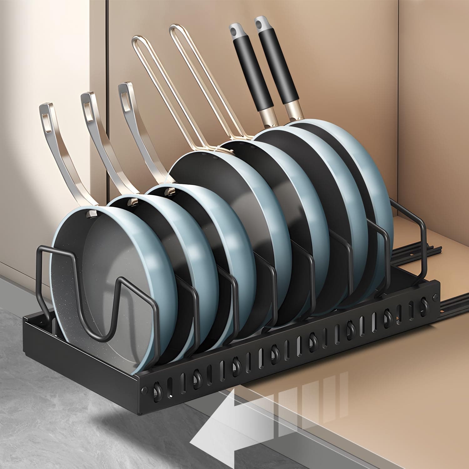 ABJA [Popular in US Market: Pull-Out Pan & Pot Organizer] Pan, Pot & Tawa Stand for Kitchen, Pan Organizer Rack for Kitchen with Adhesive Nano Film, 8 Adjustable Dividers, Black
