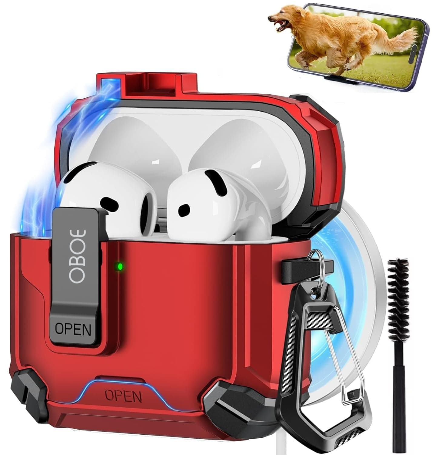 Oboe Tough Case 'Compatible with' Apple Airpods 4 Case with Phone Stand, Secure Lock Clip & Keyring (Red) [Airpods & ChargingCase NOT Included]