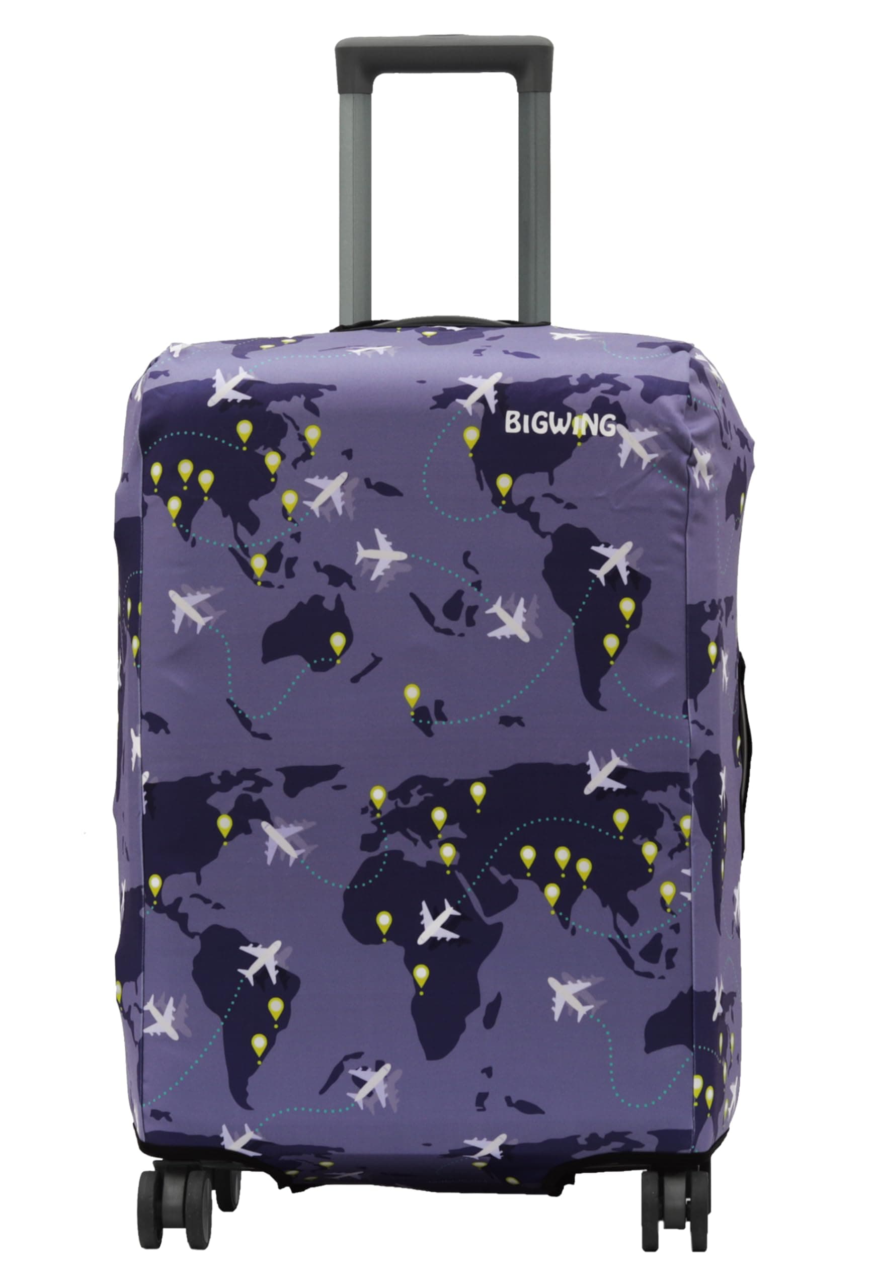 BIGWING Protective Cover in Polyester Fabric with Map Print for | 24 inch 65 cm Medium Size | Hard Luggage Trolley Bag Cover (Fits Only On Fiber - Plastic Trolley Bag) Purple Color