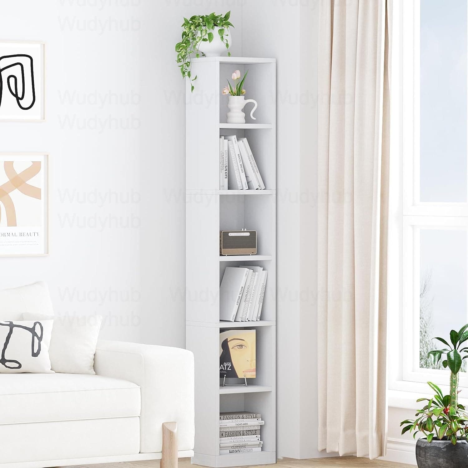 Wudyhub 6 Layer Engineered Wood Multipurpose Bookshelf | Storage Organizer Stand | Home Decor Storage Rack | Showcase Organizer for Living Room, Kitchen, Bedroom, Office | BS-07-6 Shelf-White
