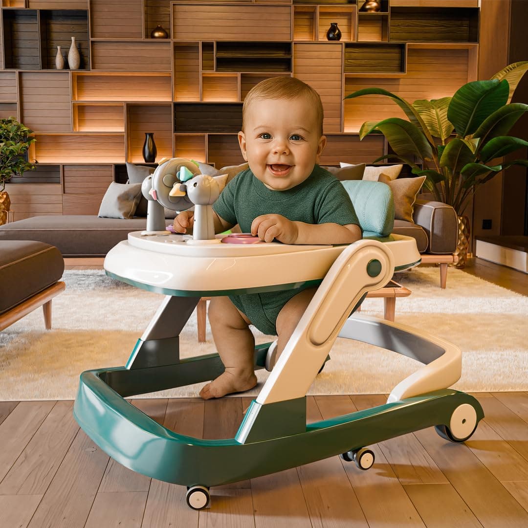 Cockatoo FirstMove 3-in-1 Baby Walker – Adjustable Height (3 levels), Rocker, Push and Activity Walker with Musical Toy Tray & Light, 6 Lockable Wheels, Foldable, Safe for 6–18 Months, Up to 15 kg, Dark Green