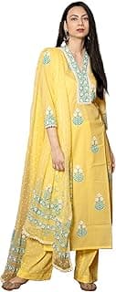 GoSriKi Women's Cotton Blend Straight Hand Block Printed Kurta with Pant & Dupatta | Ethnic Wear for Women | Indian Casual Office Daily Summer Outfit