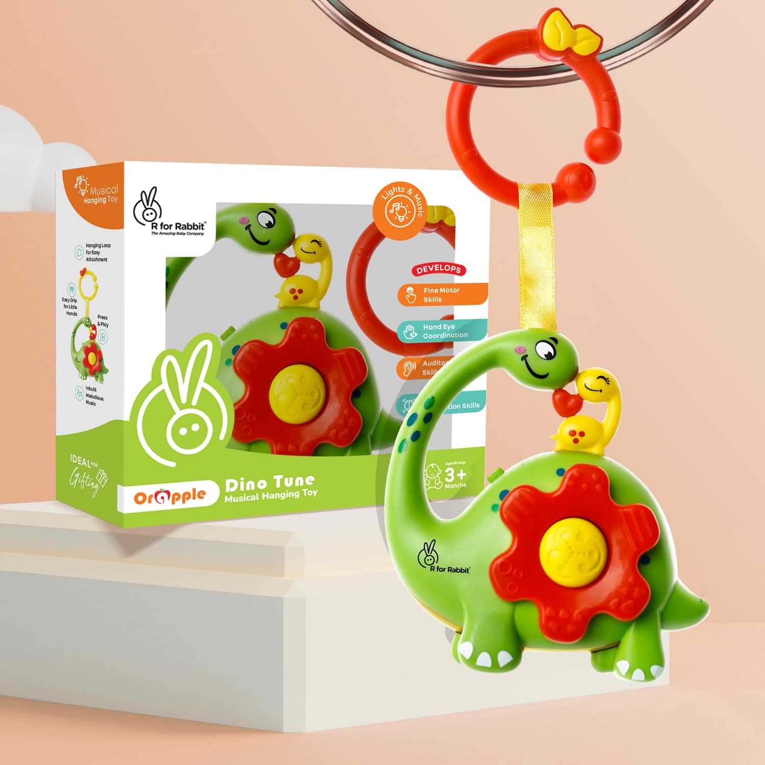 R for Rabbit Orapple Dino Tune Musical Hanging Toy for Baby with 4 Built-in Tunes, Press & Play Mode, Attachable to Stroller, Cradle & Play Gym | Motor Skill Development 3+ Months Kids (Green Red)
