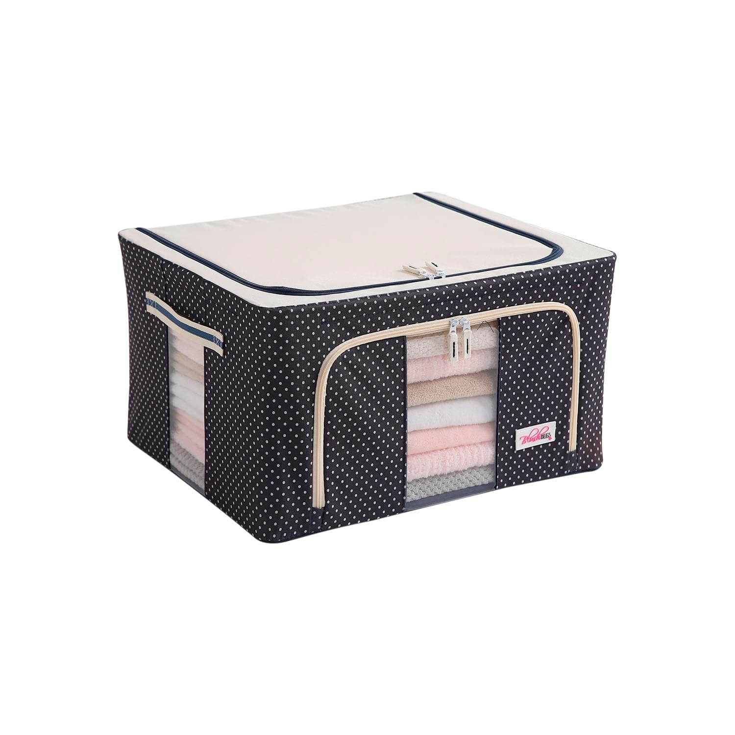 BlushBees Living Box - 600D Oxford Fabric Storage Boxes for Clothes, Large Saree Cover Bags - 55 Litre, Pack of 1, Polka Dots Blue