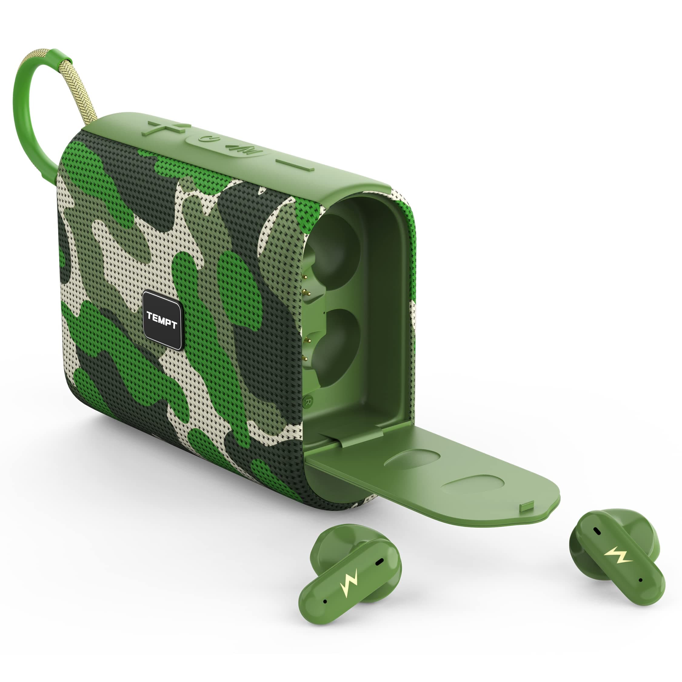 TEMPT Juggler Bluetooth Speaker with in-Built TWS Earbuds, 52mm Wireless Speaker Bass Drivers, 13mm Ear Buds Drivers, Type C Charging Jack, Lightweight & Portable Mini Soundbox, BT V5.3 (Army Green)