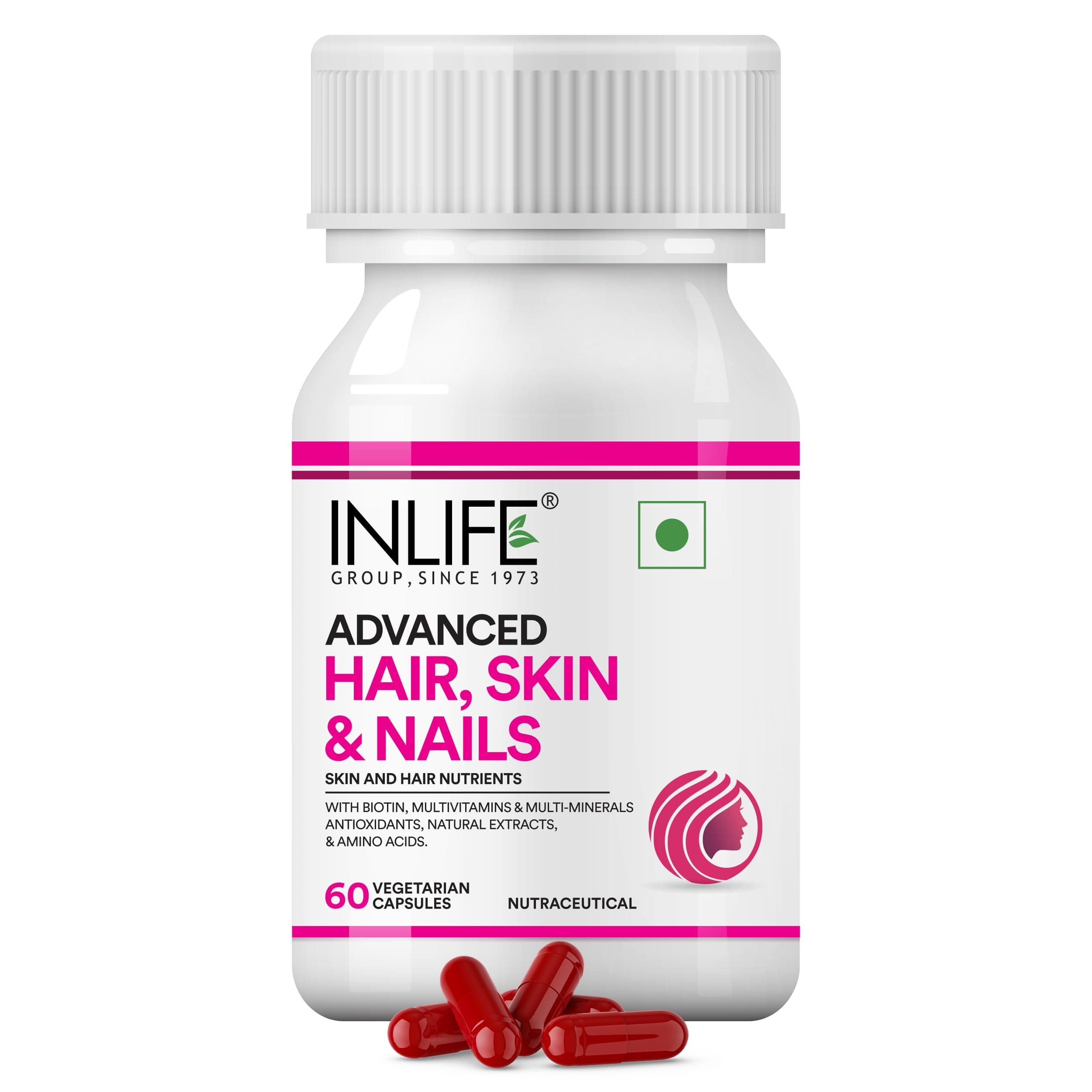 INLIFE Advanced Hair Skin & Nails, Biotin Multivitamins Minerals, L-Cysteine Grape Seed Bhringraja Amalaki Brahmi, Men Women, 60 Veg Capsules